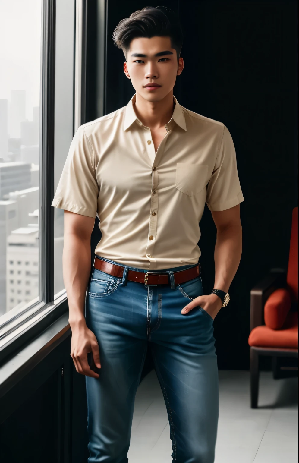 cyberpunk portrait photography, 21 years old Chinese,interior designer, handsome young man looking off camera, super realistic face, eyes visible through hair, proper eye position, natural skin, soft light, rim light, in studio, detailed background, intricate , highly detail, octane render, HD, 8k, by Annie Leibovitz,120mm, shoulder,front view,wearing a Simple beige shirt and denim jeans,