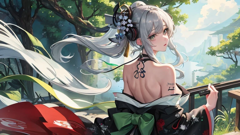 highest quality, masterpiece, ultra high resolution (reliability: 1.1). A silver-haired girl with beautiful green droopy eyes and a bare back. 背中一面に龍のtattooed back. tattooed. She appears to be listening to the song through headphones... japanese kimono. intense expression. geisha. , Nature, beautiful background,Images for YouTube