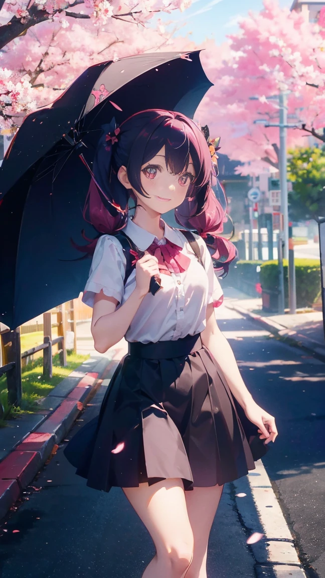 1 anime girl, alone,Black petals flutter, A mysteriously shining butterfly.city,bright pink hair,Red gemstone eyes,long twin tails,thin legs,Gloomy cloudy sky,very clear,highest quality,smile,辺り一面のcherry blossoms,stand on the road,cherry blossoms,turn to the side,cherry blossomsミク,beautiful morning,Asahi,face close up