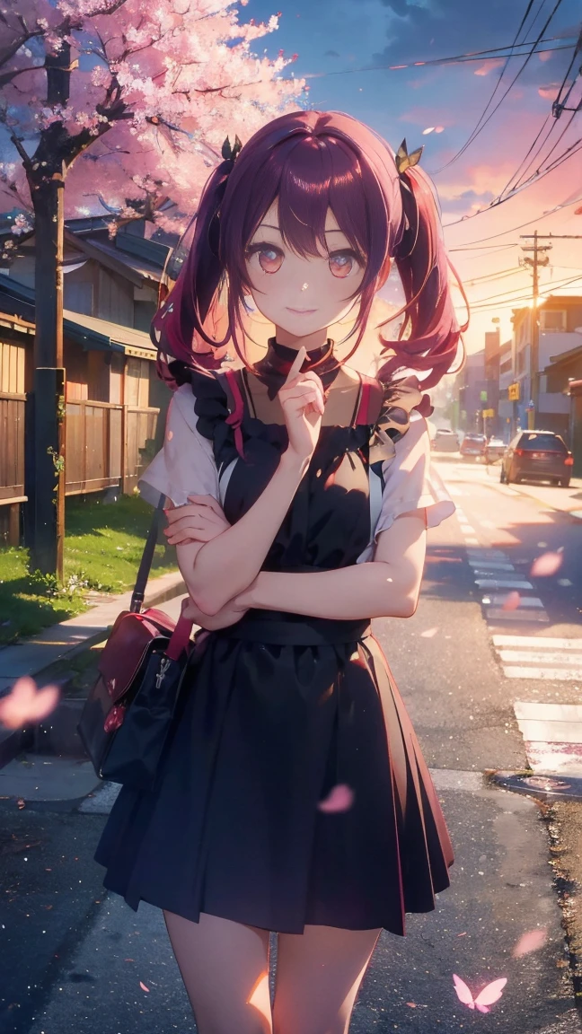 1 anime girl, alone,Black petals flutter, A mysteriously shining butterfly.city,bright pink hair,Red gemstone eyes,long twin tails,thin legs,Gloomy cloudy sky,very clear,highest quality,smile,辺り一面のcherry blossoms,stand on the road,cherry blossoms,turn to the side,cherry blossomsミク,beautiful morning,Asahi,face close up