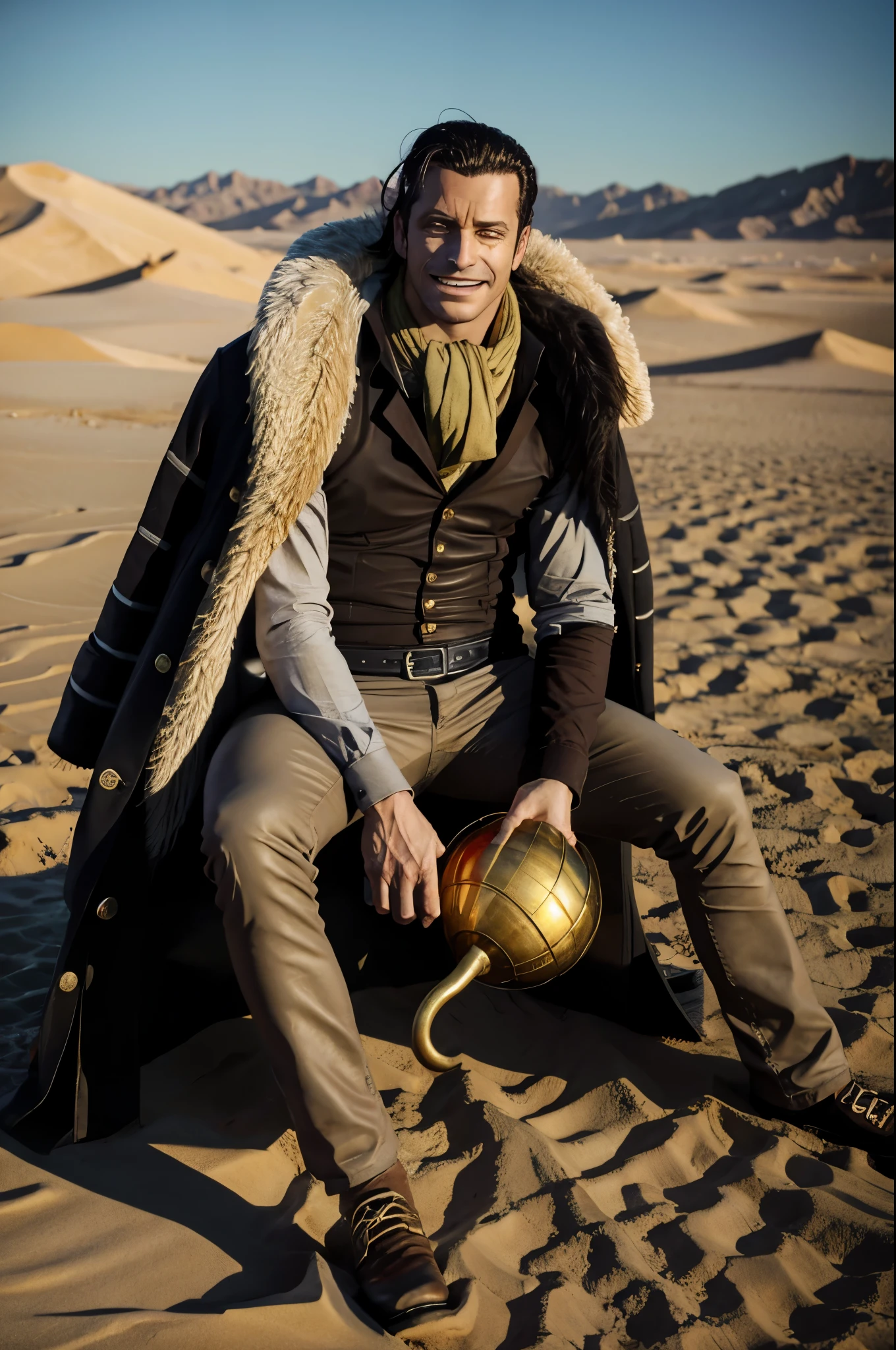 masterpiece, best quality, extremely detailed, hyperrealistic, photorealistic, a cool 40s man, ultra detailed face:1.2, fur-trimmed coat, scarf around the neck, his left hand is a golden pirate hook:1.1, desert, sitting on sand:1.1, sly smile