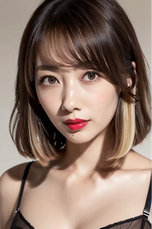 beautiful japanese woman、1 person,very pretty and slim、outstanding style 、((8K image、super high quality))、very delicate face, skin and hair、red lipstick、short hair、straggling hair,(((((gradation hair、blonde))))),Very cute Japanese cut face、Eyes and nose are clearly visible、gentle eyes,(((lingerie、simple background、looking at the viewer)))