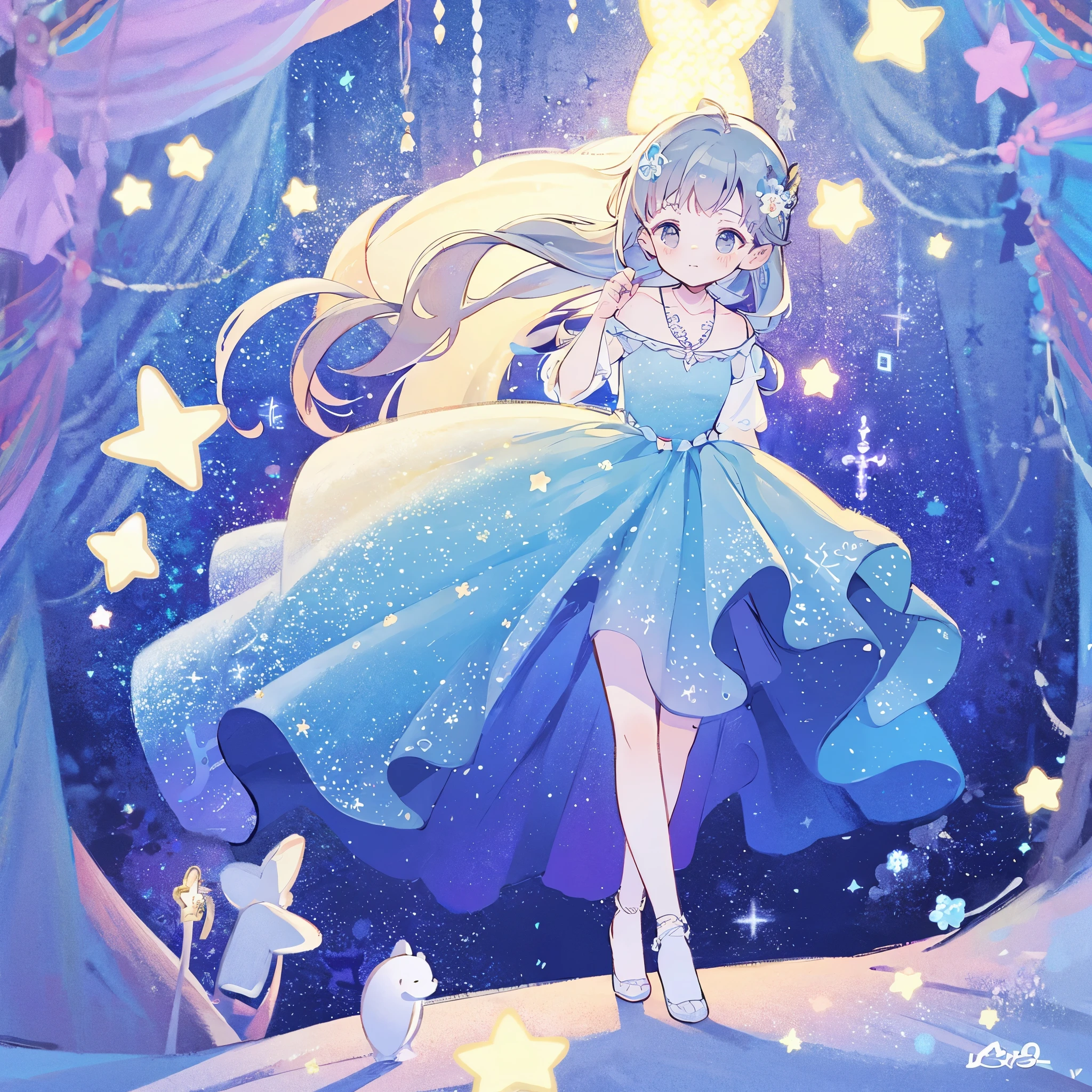 Anime girl in a blue dress standing in a stage with stars - SeaArt AI