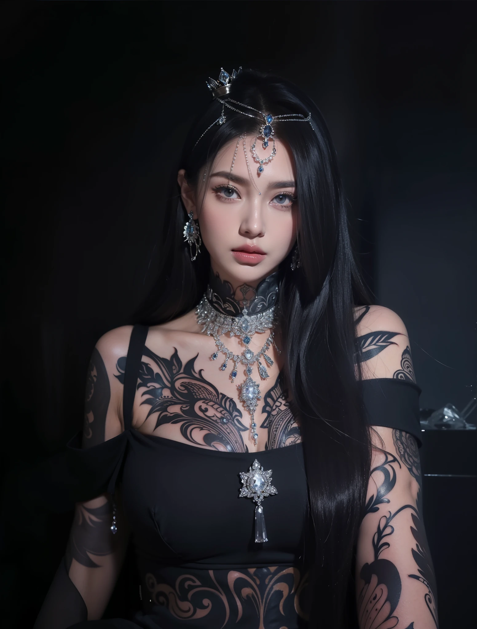 arafed woman with black hair and tattoos posing for a picture, wearing gothic accessories, seductive cyberpunk dark fantasy, cruel korean goth girl, portrait of a dark fantasy nymph, japanese gothic, very beautiful goth top model, gothic clothing, of taiwanese girl with tattoos, goth woman, villainess has black angel wings, wearing intricate black choker, beautiful succubus, gothic fantasy, body in full focus, HDR, H8