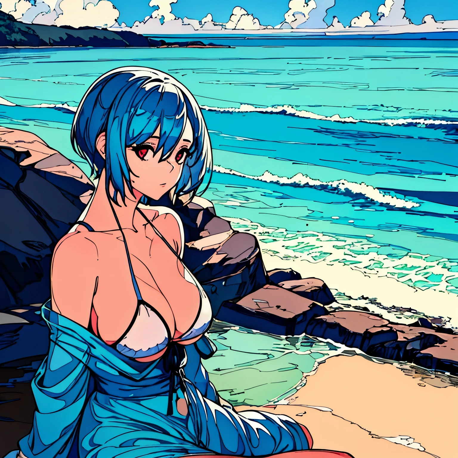 A girl with short hair named Rem, wearing a bikini, stands by the sea. She has beautiful detailed eyes and lips, and her face and eyelashes are extremely detailed. The image is created using a mixture of illustration and photography, producing a high-quality, ultra-detailed, and realistic artwork. The scene is bathed in warm, vibrant colors, enhancing the overall aesthetic. The lighting is soft and natural, with a touch of sunlight casting gentle rays on Rem's figure. The artwork portrays Rem enjoying a peaceful moment by the sea, capturing her beauty and serenity.