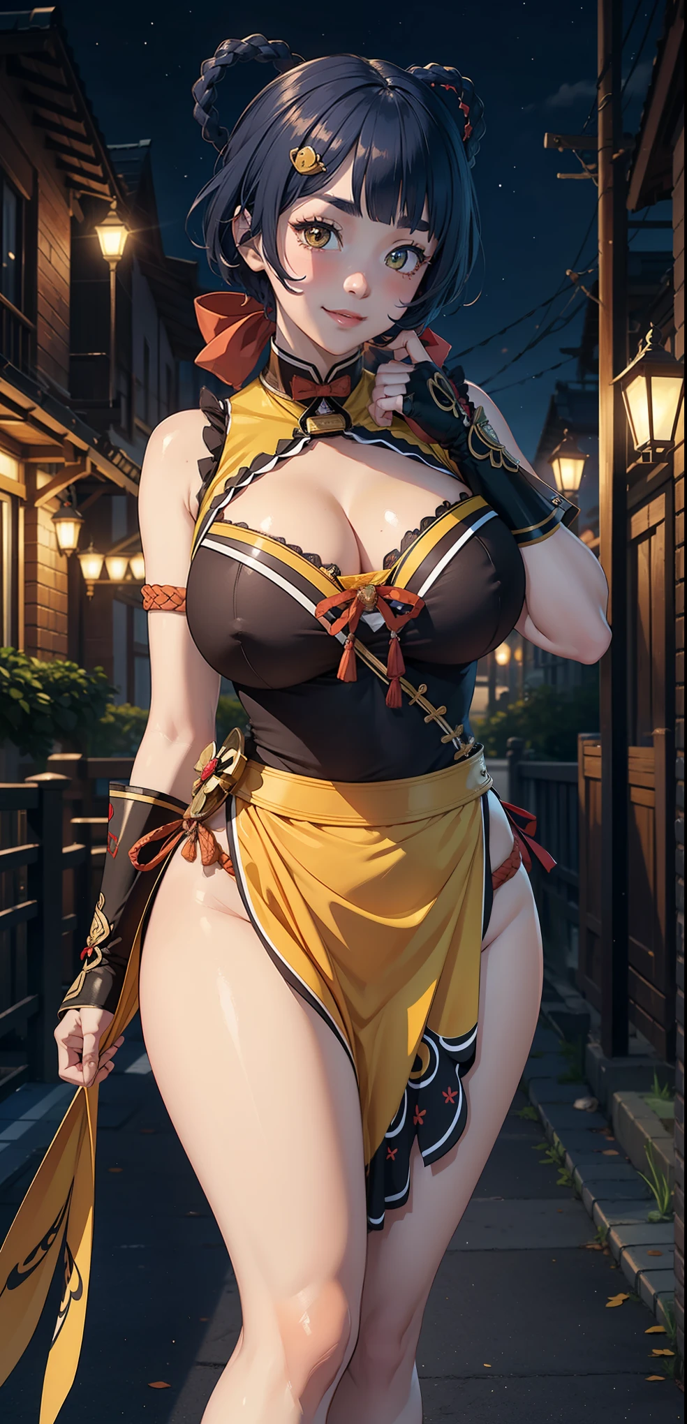 Masterpiece, high quality, 8k, ultra detailed, detailed face, standing, blush, bright eye, outdoors, (detail face), xianglingdef, stand up straight, (gigantic breasts),(night), cleavage, smile