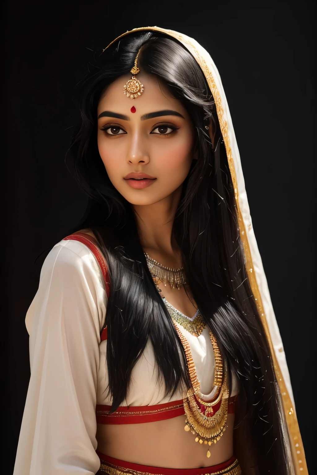 Photo of a new 26-year-old Indian woman, raw, Stunning lady, (Extra long straight black hair), ((Portrait)), ((Detailed face:1.2)), ((detailed facial features)), (finely detailed skin), dusky complexion, wrapped in a sheet, Traditional Indian attire, Standing against a colorful background, (warm color), vibrant, Reflectors, (masterpiece) (perfectly proportions)(photos realistic)(Best Quality) (Detailed) photographed in a Canon EOS R5, 50mm Lens, F/2.8, nffsw, (8K) (Wallpaper) (Cinematic lighting) (Dramatic Lighting) (sharp focus) (Convoluted) Fashion, From