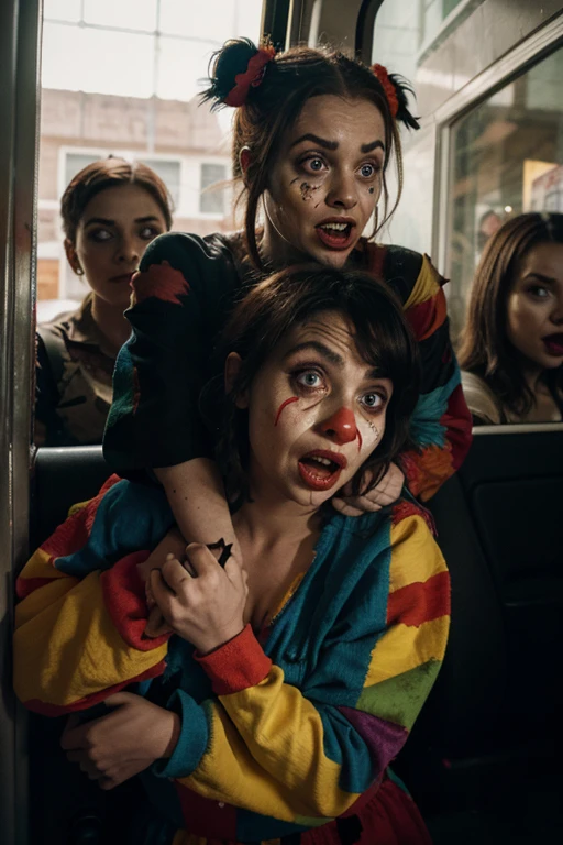 (high quality,fine workmanship:1.2),detailed,cartoonish clown car filled with frightened girls,realistic,striking colors,moody lighting,terrified expressions,red noses and painted faces,circus theme,spooky atmosphere,scared girls holding each other tightly,horrified,chaotic scene,fearful eyes,clown wigs and colorful outfits,hilarious yet unsettling,confined space,ominous shadows,panic-stricken,scary faces,creepy-crawly creatures peeking from windows,long jagged teeth,shaking hands,blurry background,crowded interior,tense atmosphere