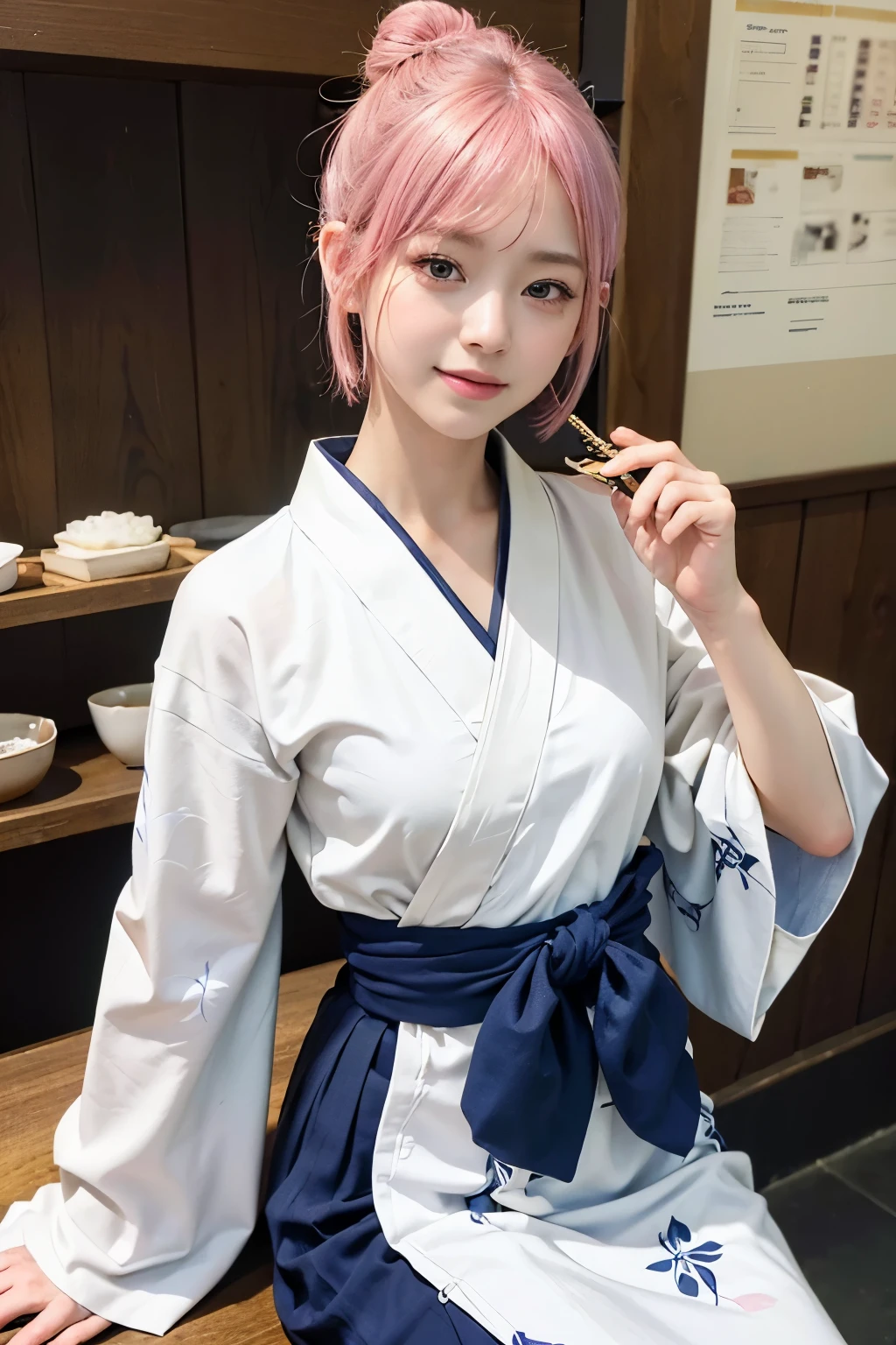 (8K, highest quality, masterpiece:1,2), (realistic, Photoreal:1.37), Super detailed, one girl,), (very detailed), (detailed and beautiful eyes), (highest qualityの), (Super detailed ), (masterpiece), (detailed face),20-year-old, ,1 girl, ((pink hair,very short hair)), medium breasts, dressed, perfect lighting, break (navy blue haori:1.3), (white collar:1.2), (three quarter sleeves:1.2), (white kimono:1.4), (nature motif pattern:1.2), (navy blue hakama:1.3), (Ankle length:1.2), (The hem is not too wide either、:1.2), (white obi:1.4), (simple knot:1.2), (white foot bag:1.2), (Black geta:1.2), (low height:1.2), (Easy to walk:1.2), (bun hair:1.2), (hair ornaments:1.2), (flowers and pieces of paper:1.2), break bun hair, flowers and pieces of paper hair ornaments, smile, friendly, looking at camera, hold soba with right hand, Holding chopsticks with left hand, Please do not put soup on the soba., In front of the soba shop counter, Wall with menu and photos, Natural light, Adding soft shadows to the face