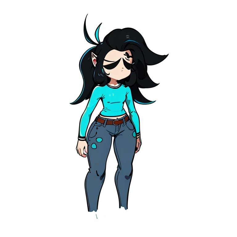 a cartoon girl with a blue shirt and jeans standing in front of a white background, single character full body, long haired humanoid fursona, full body character, valkyrie style character, simple cartoon style, character is in her natural pose, merged character, cel - shaded art style, unrealistic character concept, full body single character, character adoptable, full body adoptable