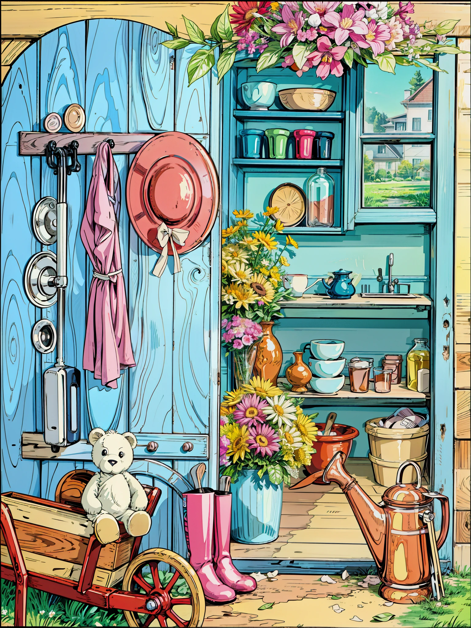 a picture of a garden with flowers and a teddy bear, inside a cluttered kitchen, white broom closet, colorful kids book illustration, cute kitchen, cupboards, kitchen background, illustration for children, art station front page, house kitchen on a sunny day, cute storybook illustration, fantasy bakery interior setting, childrens book art, clip-art, personal room background,beautiful art uhd 4 k, a beautiful artwork illustration, beautiful digital painting, highly detailed digital painting, beautiful digital artwork, detailed painting 4 k, very detailed digital painting, rich picturesque colors, gorgeous digital painting, no human
