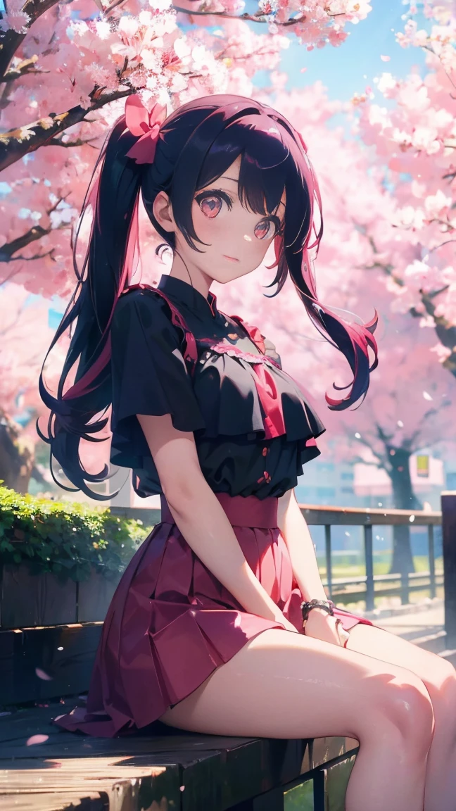 1 anime girl, alone,Black petals flutter, A mysteriously shining butterfly.city,bright pink hair,Red gemstone eyes,long twin tails,thin legs,very clear,highest quality,辺り一面のcherry blossoms,sitting,都city,cherry blossoms,turn to the side,cherry blossomsミク,beautiful morning,Asahi,face close up,sunny