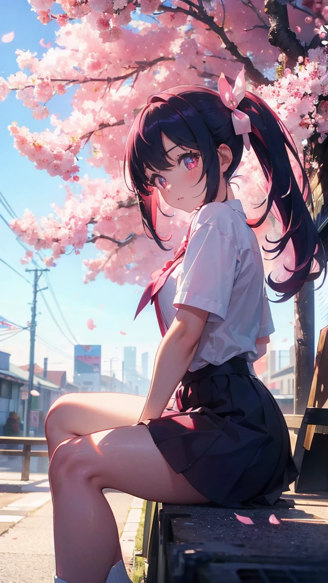 1 anime girl, alone,Black petals flutter, A mysteriously shining butterfly.city,bright pink hair,Red gemstone eyes,long twin tails,thin legs,very clear,highest quality,辺り一面のcherry blossoms,sitting,都city,cherry blossoms,turn to the side,cherry blossomsミク,beautiful morning,Asahi,face close up,sunny