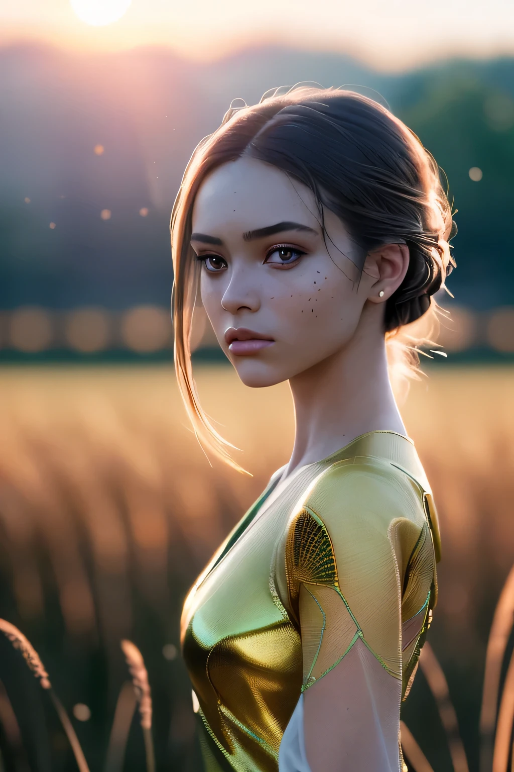 (masterpiece), (very complicated:1.3), (realistic), girl portrait, the most beautiful in the world, (grasshopper-like wings), scale powder reflection, fashion model posing, outdoor, intense sunlight, distant rye field, Stunning female professional photo details, sharp focus, dramatic, Award history, cinematic lighting, Octane Rendering Unreal Engine, volumetrics dtx, (film grain, blurred background, blurred foreground, Bokeh, Depth of the bounds written, sunset, motion blur:1.3), thin clothing