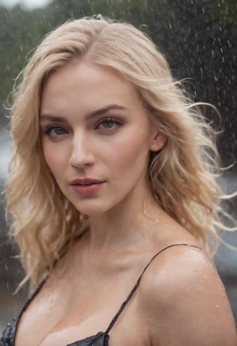 Scarlett Johannsen standing under running shower, wet clothes, soaked, babydoll top,  wet skin, wet hair, daylight, soaked in oil, dripping oil, dripping water, running water, high resolution, best quality, ????, wet blonde hair, 8k, transparent, wet, jewelry, ????, ?????????????, looking at viewer, smile