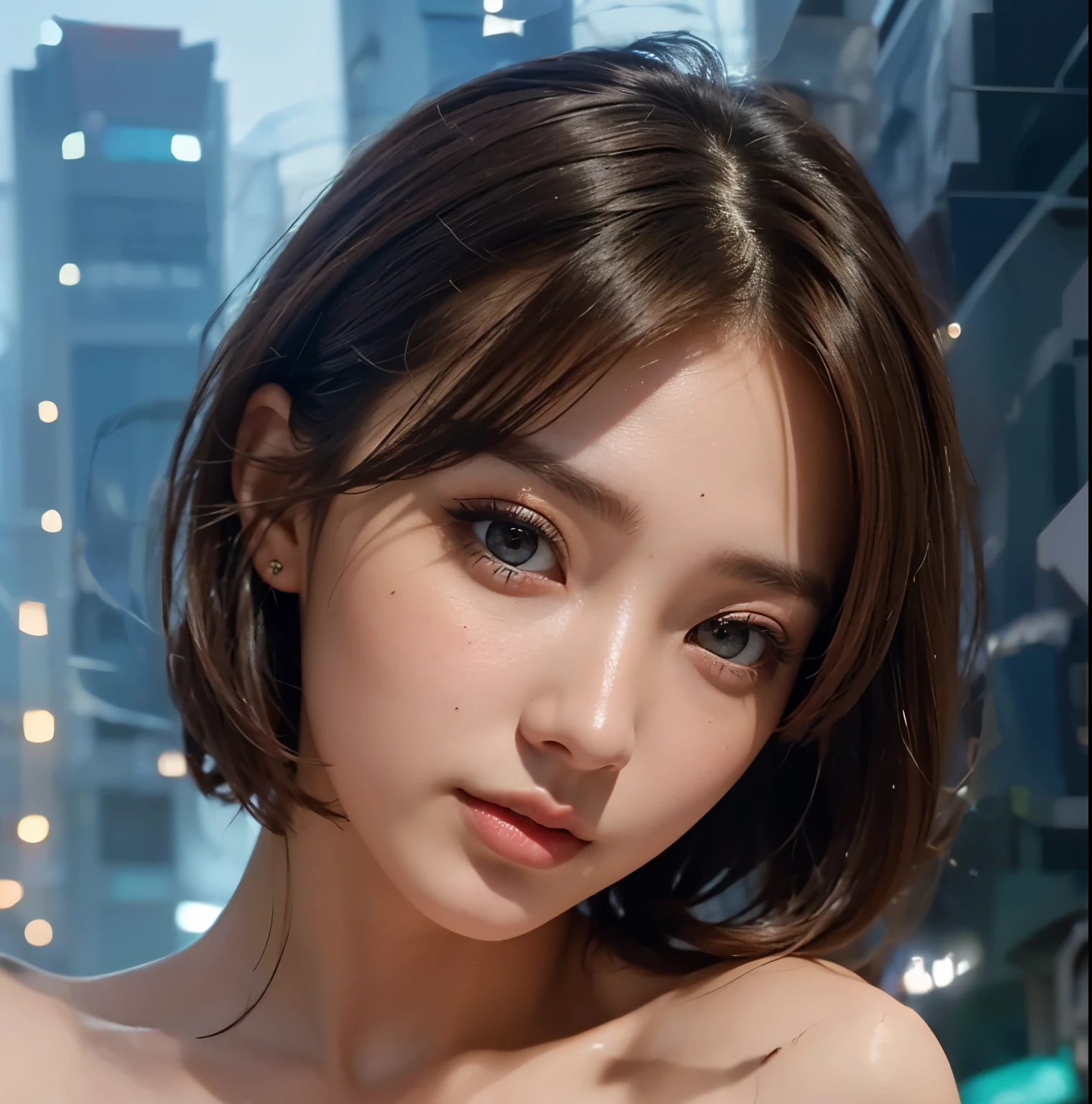 girl, beautiful face, beautiful eye, beautiful pupil, double eyelid, high detailed real skin, high quality skin, feel ecstasy, brown hair, short hair, professional lighting, real shadow, masterpiece,