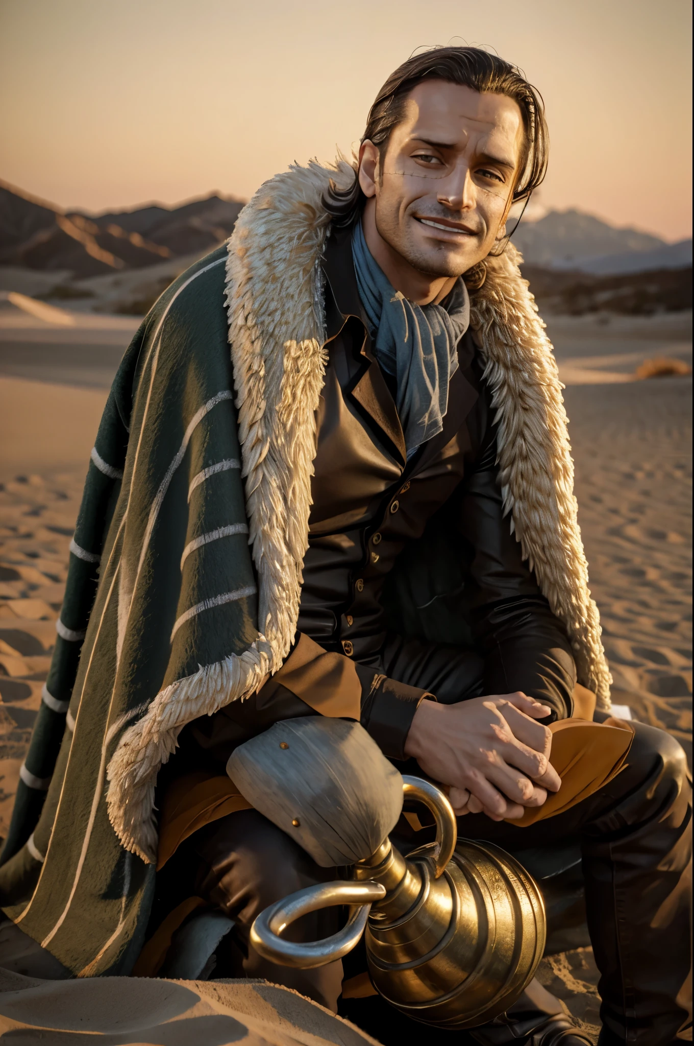 masterpiece, best quality, extremely detailed, hyperrealistic, photorealistic, a cool 40s man, ultra detailed face:1.2, fur-trimmed coat, scarf around the neck, his left hand is a golden pirate hook:1.1, desert, sitting on sand:1.1, sly smile
