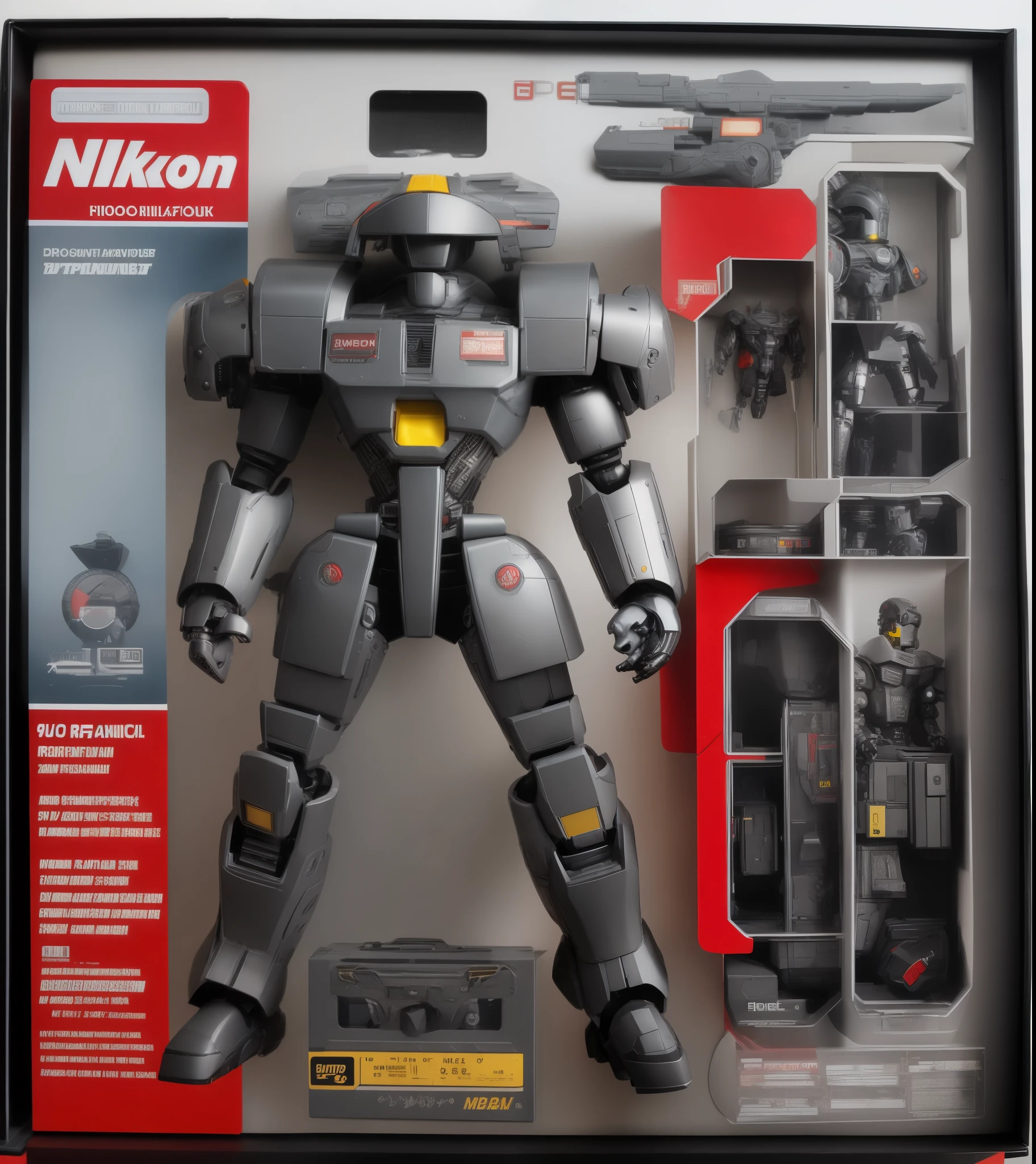 RAW Photo, 1987 Action Figure Playset Packaging, (((mecha))) with sleek and menacing design, figure packaging, afull body, highly detailed, a huge shield, shoulder armor, mechanical backpak ,science fiction, action figure line based on a mecha robot, Nikon D810 | ISO 64 | focal length 20 mm (Voigtländer 20 mm f3.5) | aperture f/9 | exposure time 1/40 Sec (DRI)