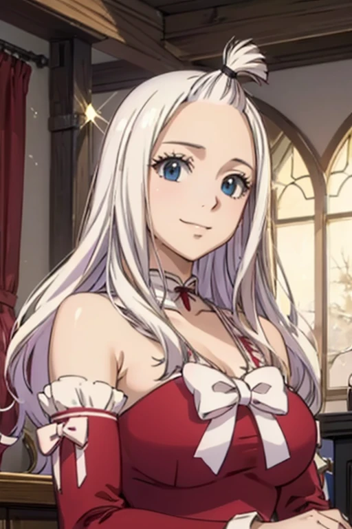 (realistic,photorealistic:1.37),ultra-detailed,best quality,4k,8k,highres,masterpiece:1.2,Mirajane Strauss with a beautiful smile wearing a Santa Claus outfit, shiny red and white clothes, Santa hat with fluffy white trim, delicate and intricate embroidery on the outfit, vibrant colors, expressive eyes, long flowing blonde hair, sparkling snowflakes falling gently in the background, warm and cozy fireplace, soft and warm natural lighting illuminating the scene, joyful and festive atmosphere, cheerful and inviting expression on Mirajane's face.