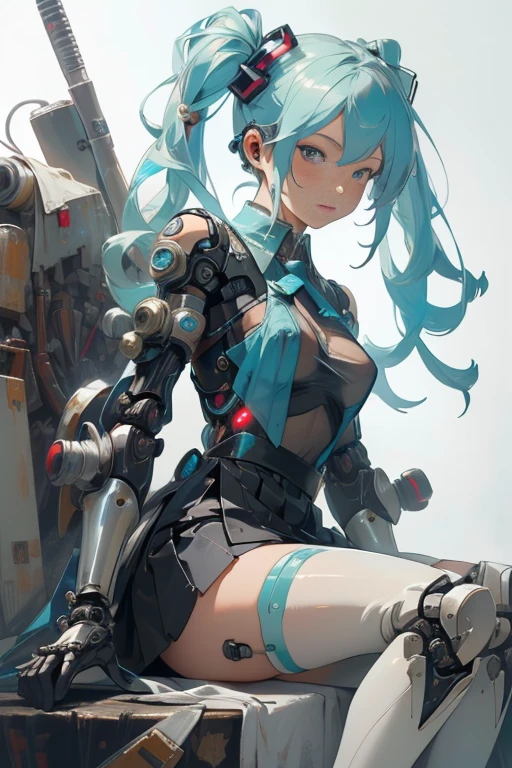 cyberpunk,Hatsune Miku,,maid (1 girl),long cyan twintails,(proportional face),(toy doll),((toy doll joints:1.5,Manipulator:1.5)),((silver armor dress)),White translucent metallic leather,(Mechanical joint: 1.4),mechanical limbs,(Neat face, very shiny skin),skin,shining body,white plastic glitter skin,only_Shoulder,Delicate metal decoration,sleeveless,mini skirt,boots,Lie down,(see through:1.5)((bright colors)),(complicated background),(Delicate images),(Photorealistic: 1.4),(Highly detailed),(high resolution),(Best quality),(masterpiece)