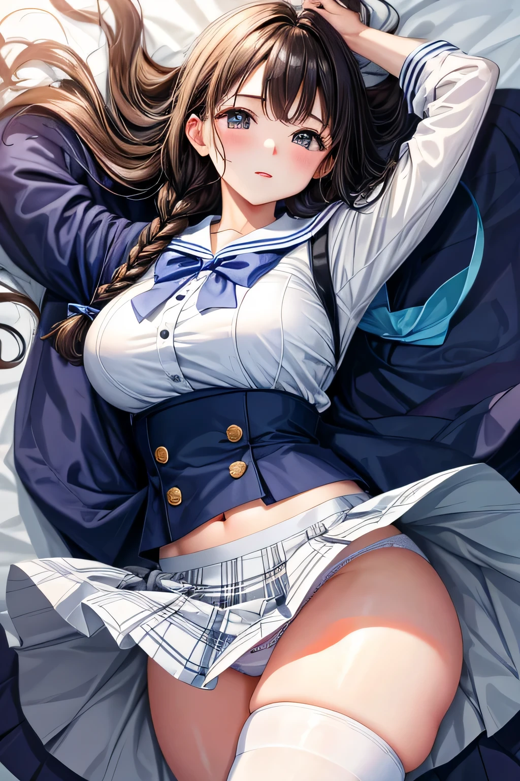 (highest quality:1.4)、ultra high resolution、detailed background、masterpiece、Anatomically correctNew、(Detailed beauty new face:1.4)、cute  girl、brown hair、braided bob、braided ponytail、(huge breasts:1.2)、realistic、perfect body line、Attractive big buttocks、cute gesture、first time々New、
sexy sailor suit、white sailor collar、plaid pleated mini skirt、white knee high socks、petticoat、panties、No bra、In the classroom、
Skirt underneath, Skirt underneath (close-up underwear from below), from below, Are standing, butt focus, cold eyes, sexual expression、underboob、panty shot、cameltoe
