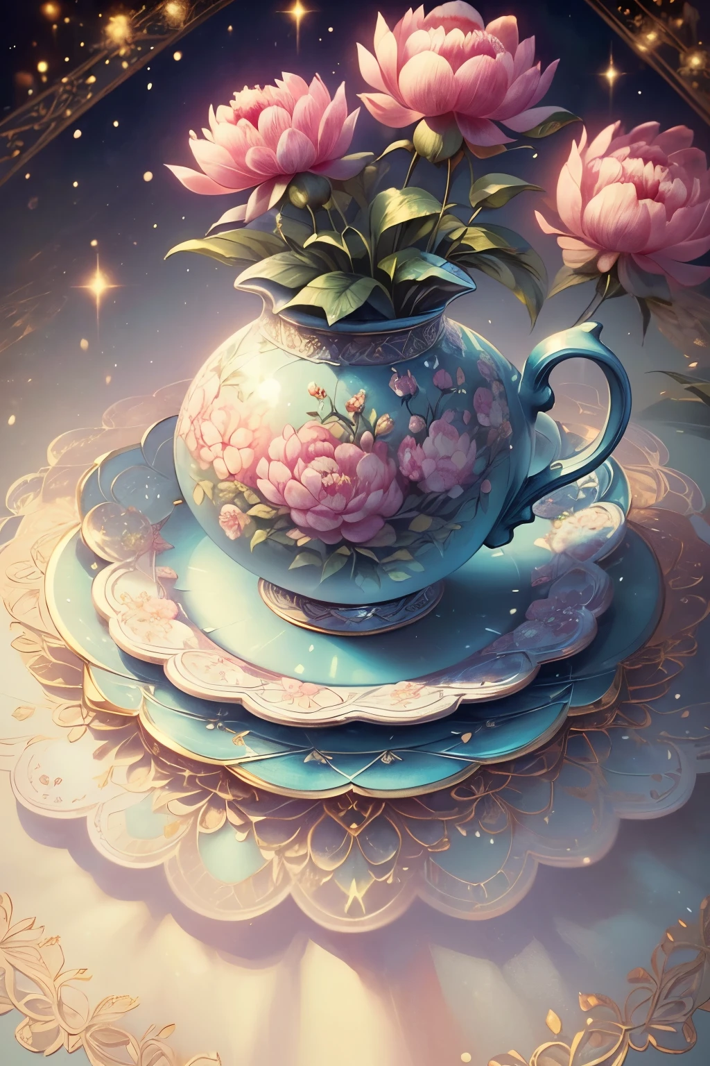 ((nobody)) Retro Victorian style, Accurate old encyclopedia (best quality:1.2), (detailed:1.2), (masterpiece:1.2), ((Retro illustration of garden on sunny day, pear fruit on plate, Porcelain cup of tea, Lace tablecloth, calm, Soft iridescent light, Peony, Light particles sparkling))