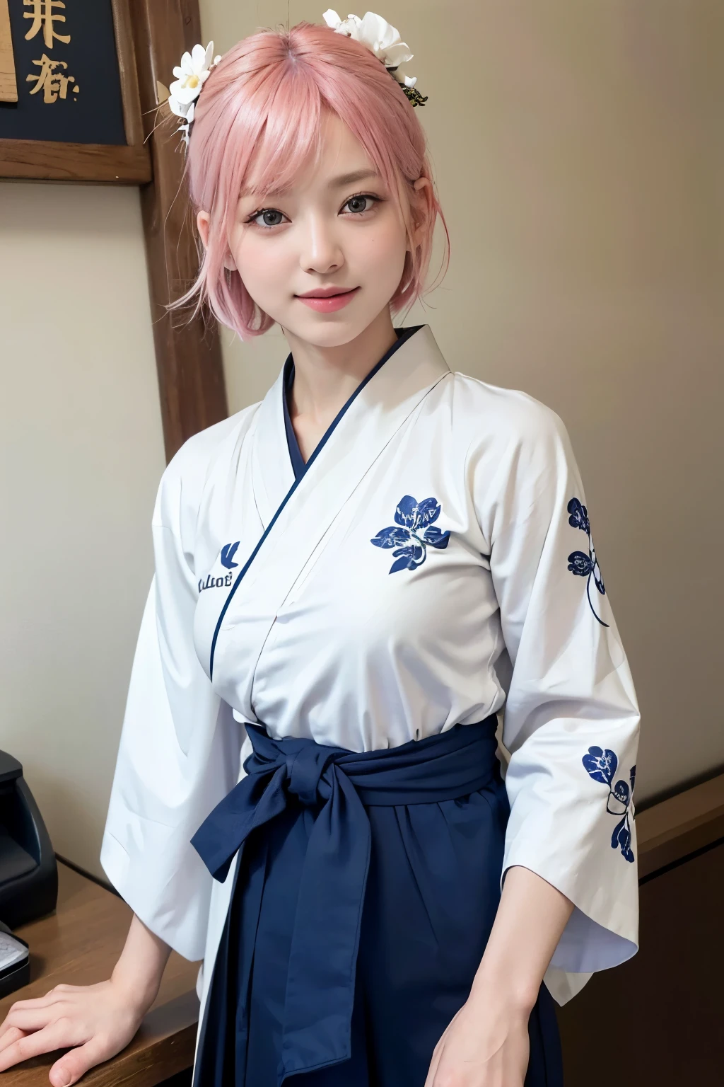 (8K, highest quality, masterpiece:1,2), (realistic, Photoreal:1.37), Super detailed, one girl,), (very detailed), (detailed and beautiful eyes), (highest qualityの), (Super detailed ), (masterpiece), (detailed face),20-year-old, ,1 girl, ((pink hair,very short hair)), medium breasts, dressed, perfect lighting, break (navy blue haori:1.3), (white collar:1.2), (three quarter sleeves:1.2), (white kimono:1.4), (nature motif pattern:1.2), (navy blue hakama:1.3), (Ankle length:1.2), (The hem is not too wide either、:1.2), (white obi:1.4), (simple knot:1.2), (white foot bag:1.2), (Black geta:1.2), (low height:1.2), (Easy to walk:1.2), (bun hair:1.2), (hair ornaments:1.2), (flowers and pieces of paper:1.2), break bun hair, flowers and pieces of paper hair ornaments, smile, friendly, looking at camera, hold soba with right hand, Holding chopsticks with left hand, Please do not put soup on the soba., In front of the soba shop counter, Wall with menu and photos, Natural light, Adding soft shadows to the face