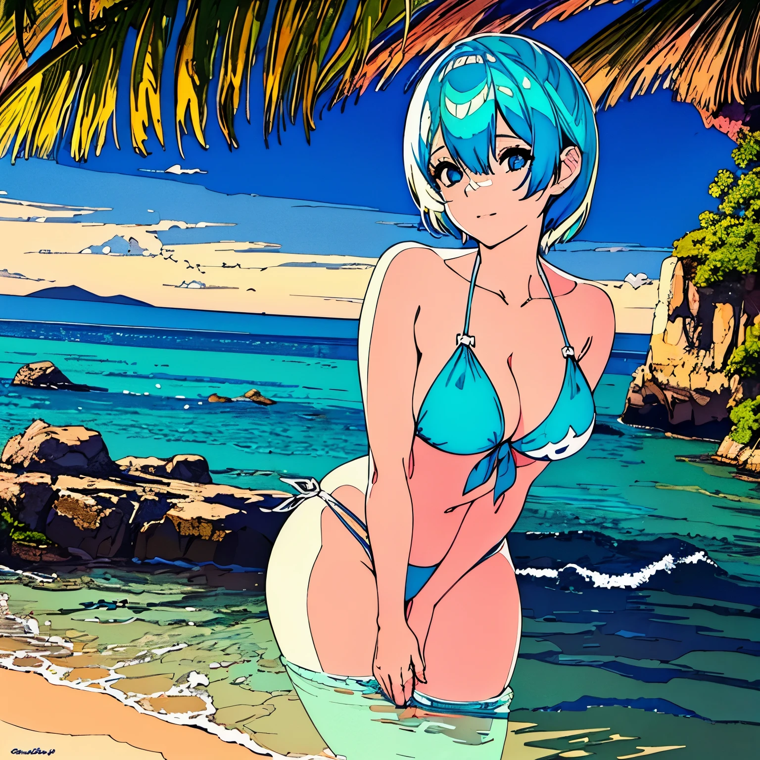 A girl with short hair named Rem, wearing a bikini, stands by the sea. She has beautiful detailed eyes and lips, and her face and eyelashes are extremely detailed. The image is created using a mixture of illustration and photography, producing a high-quality, ultra-detailed, and realistic artwork. The scene is bathed in warm, vibrant colors, enhancing the overall aesthetic. The lighting is soft and natural, with a touch of sunlight casting gentle rays on Rem's figure. The artwork portrays Rem enjoying a peaceful moment by the sea, capturing her beauty and serenity.