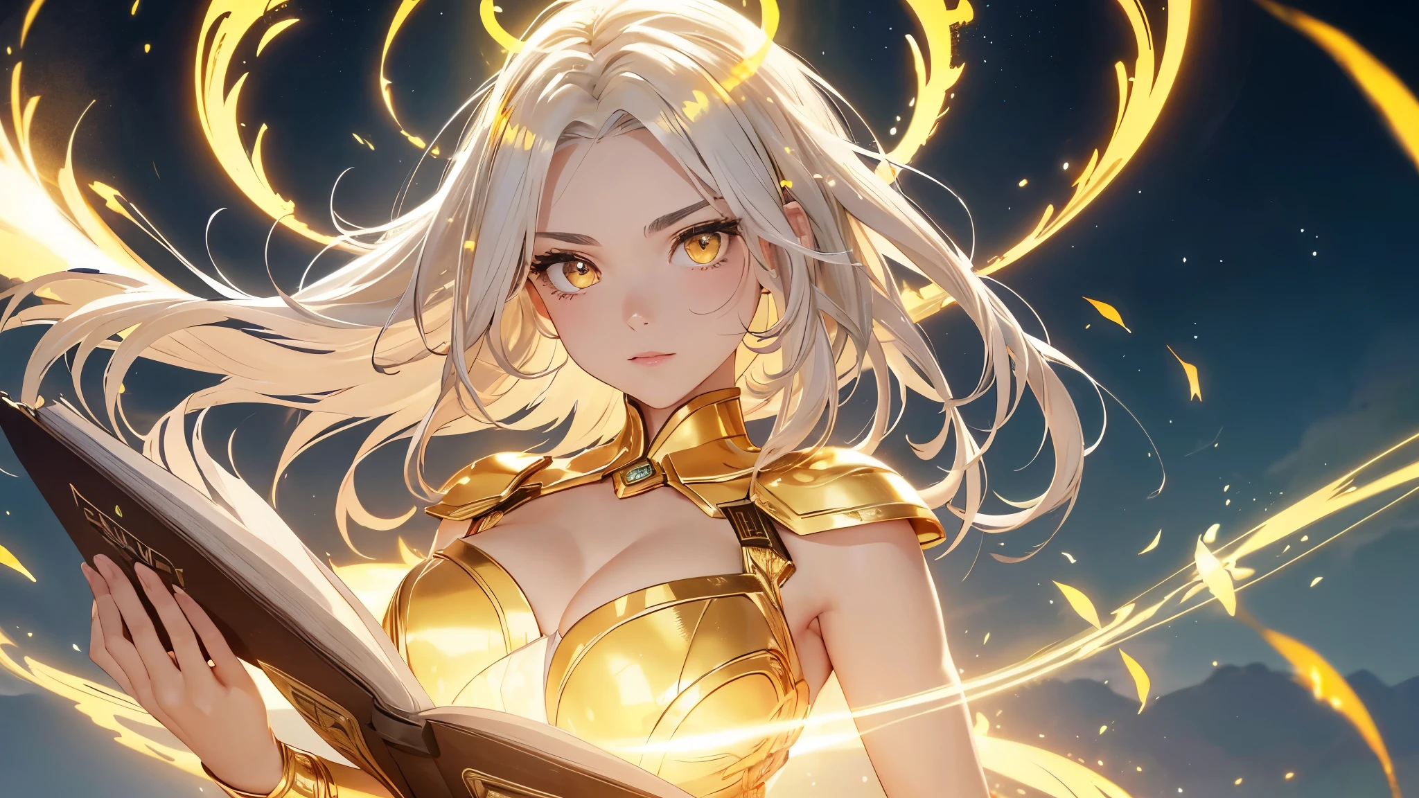 a goddess of wisdom, mature look, Toning the body, white skin, (Glowing clothing masterpiece:1.4), pure white fabric strapless tube top dress, luminous golden belt, luminous Golden arm Armor, golden leg armor, (a glowing sword-shaped figure appears on the back:1.5), (The left hand holds a glowing book:1.6), (((glowing beige white hair streaked luminous yellow hair))), (single sidelock short wavy hair), (hair strand), shiny hair, (((colored eyelashes and eyebrows))), (glowing yellow gradient amber eyes:1.2), (an upright golden eye on the forehead:1.4), some clouds swirling float behind shoulders, (((Some luminous text totems float around))), Random background, Random pose, Random expressions, Futurism, anime, god rays, ray tracing, reflection light, sparkle, motion blur, Ultra-Wide Angle, glowing light, UHD, masterpiece, super detail, best quality, retina, ccurate, textured skin, super detail face, perfect face, Super fine facial details, beautiful and delicate eyes, perfect eyes, anatomically correct, correct limbs, correct figner, super detail figner, best hair quality, best clothing quality, best prop quality, best halo detail and quality, best magic circle detail and quality, complex halo detail,