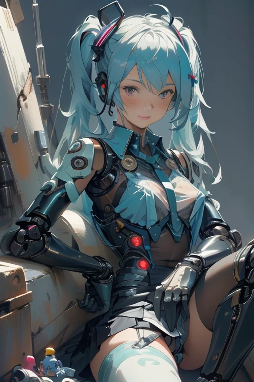 cyberpunk,Hatsune Miku,,maid (1 girl),long cyan twintails,(proportional face),(toy doll),((toy doll joints:1.5,Manipulator:1.5)),((silver armor dress)),White translucent metallic leather,(Mechanical joint: 1.4),mechanical limbs,(Neat face, very shiny skin),skin,shining body,white plastic glitter skin,only_Shoulder,Delicate metal decoration,sleeveless,mini skirt,boots,Lie down,(see through:1.5)((bright colors)),(complicated background),(Delicate images),(Photorealistic: 1.4),(Highly detailed),(high resolution),(Best quality),(masterpiece)