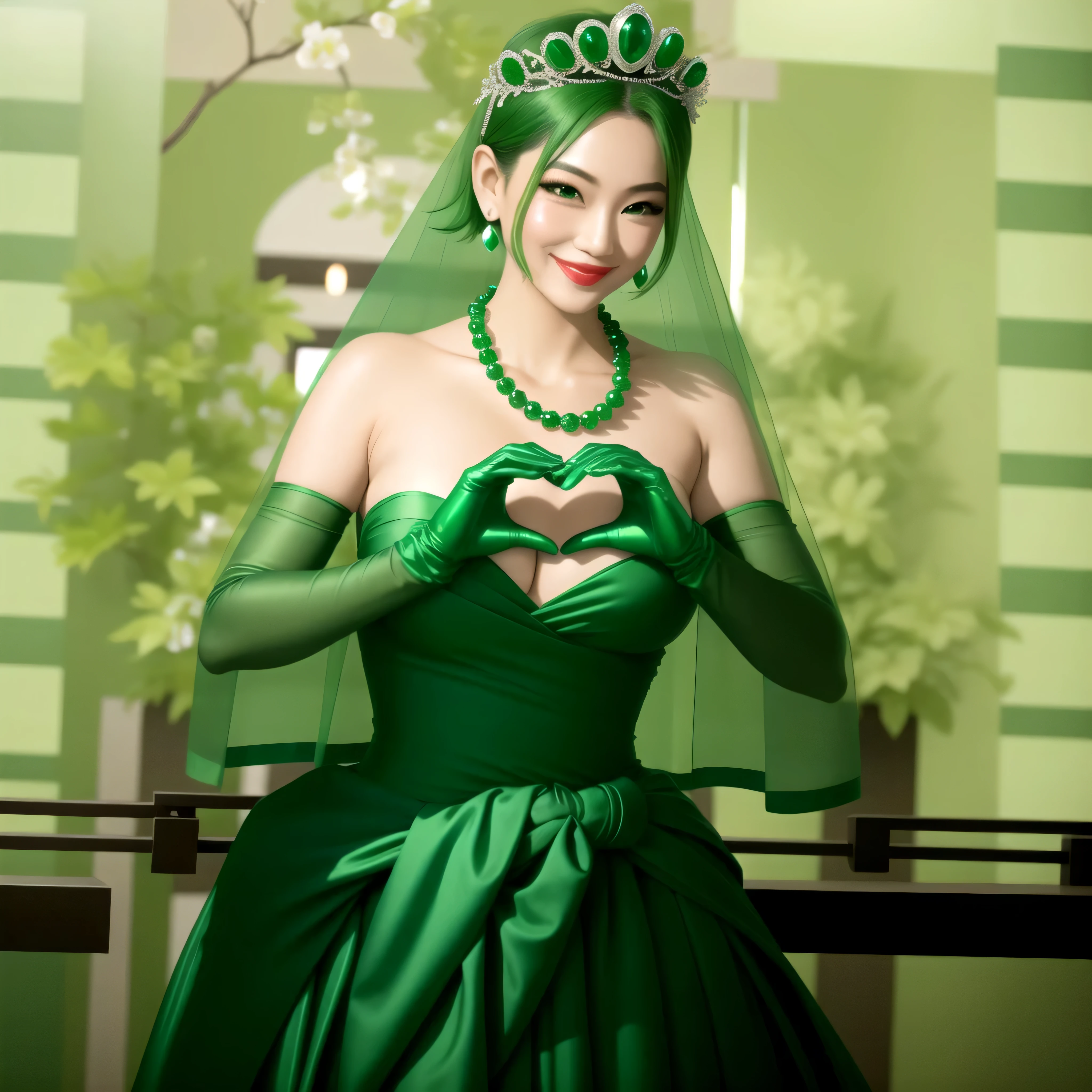 emerald tiara, green pearl necklace, boyish very short green hair, green lips, smiling Japanese woman, very short hair, Beautiful woman with big breasts, green eyes, green satin long gloves, green eyes, emerald earrings, green veil, Heart with both hands, green hair, beautiful japanese woman, heart shaped hands:1.3, green lip gloss