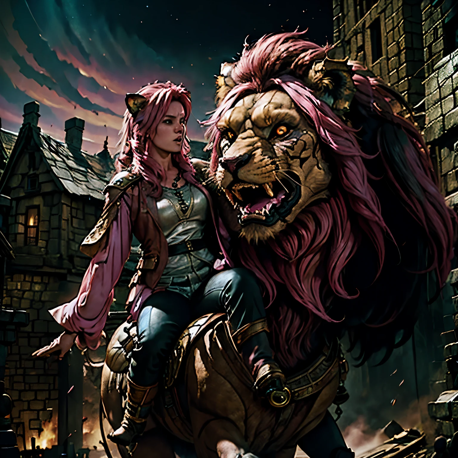 PINK-HAIRED GIRL RIDING A GIANT BLACK LION, LIVE ACTION style, key visual, vibrant, studio anime, highly detailed, DARK FANTASY