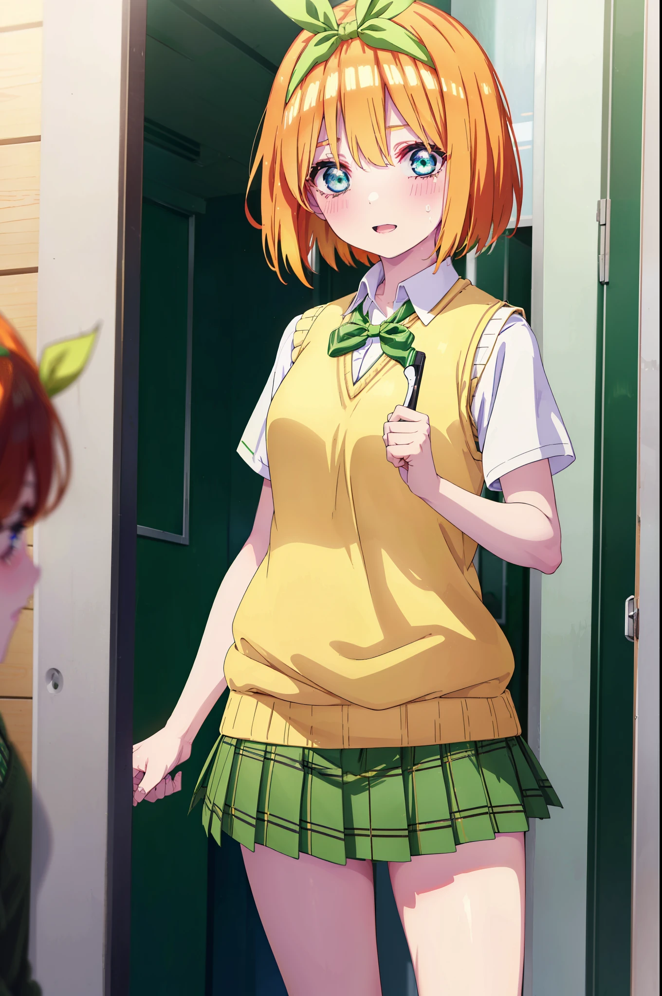 yotsubanakano, yotsuba nakano, bangs, short hair, blue eyes, hair between eyes, hair ribbon, hair band, orange hair, (green ribbon:1.5), smile,tears run down her face,Crying with joy,blush,smile,
Mikan Yuki skirt, shirt, bow, ribbon, , white shirt, short sleeve, pleated skirt, shoes, shoes下, collared shirt, mini skirt, bowtie, black footwear, knee high, green skirt, black shoes下, loafers, green bow, sweater vest, green ribbon, (yellow sweater vest:1.5),
break indoors, classroom,
break looking at viewer, (cowboy shot:1.5),
break (masterpiece:1.2), highest quality, High resolution, unity 8k wallpaper, (figure:0.8), (detailed and beautiful eyes:1.6), highly detailed face, perfect lighting, Very detailed CG, (perfect hands, perfect anatomy),