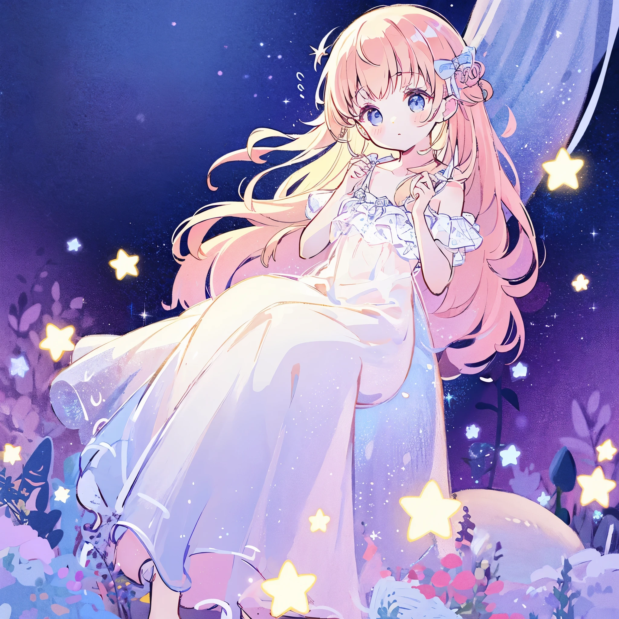 complex background, wishing star background, a woman wearing an ethereal mystical pink translucent dress that reflects the stars, perfume promo art, mystic, complex drawing, highly detailed, Covergirl brand, promo art, artistic rendition, ethereal, starry night, midjourney style