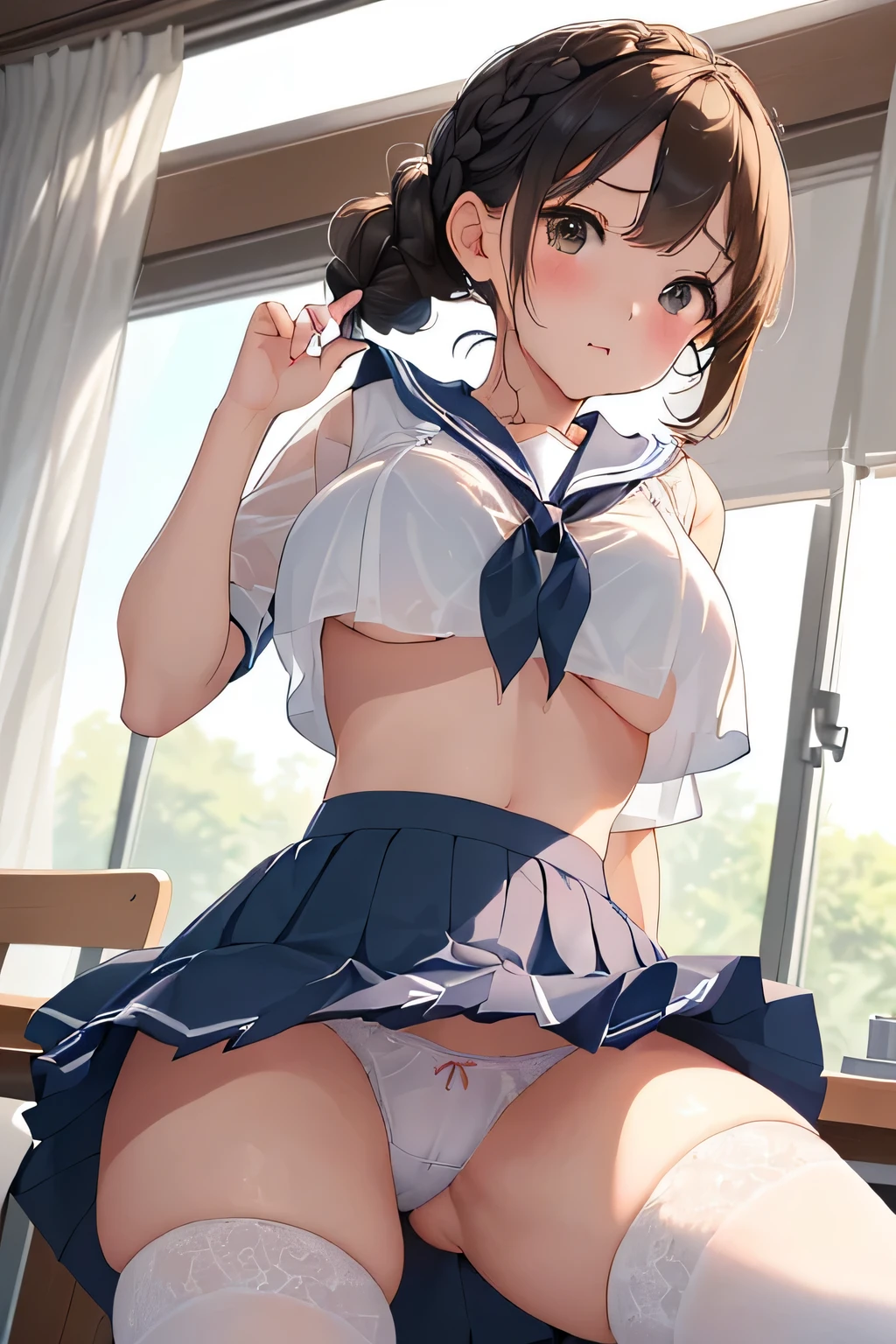 (highest quality:1.4)、ultra high resolution、detailed background、masterpiece、Anatomically correctNew、(Detailed beauty new face:1.4)、cute  girl、(two beautiful girls:1.2)、brown hair、braided bob、braided ponytail、(huge breasts:1.2)、realistic、perfect body line、Attractive big buttocks、cute gesture、first time々New、blush、emphasize the chest、emphasize cleavage、school classroom、
(See-through sailor suit、white sailor collar、pleated mini skirt)、white knee high socks、petticoat、panties、No bra、(In the classroom, she lifts her skirt and shows her panties.:1.5)、upside-down、close-up、
Skirt underneath, Skirt underneath (close-up underwear from below), from below, butt focus,With cold eyes、sexual expression、underboob、panty shot、cameltoe