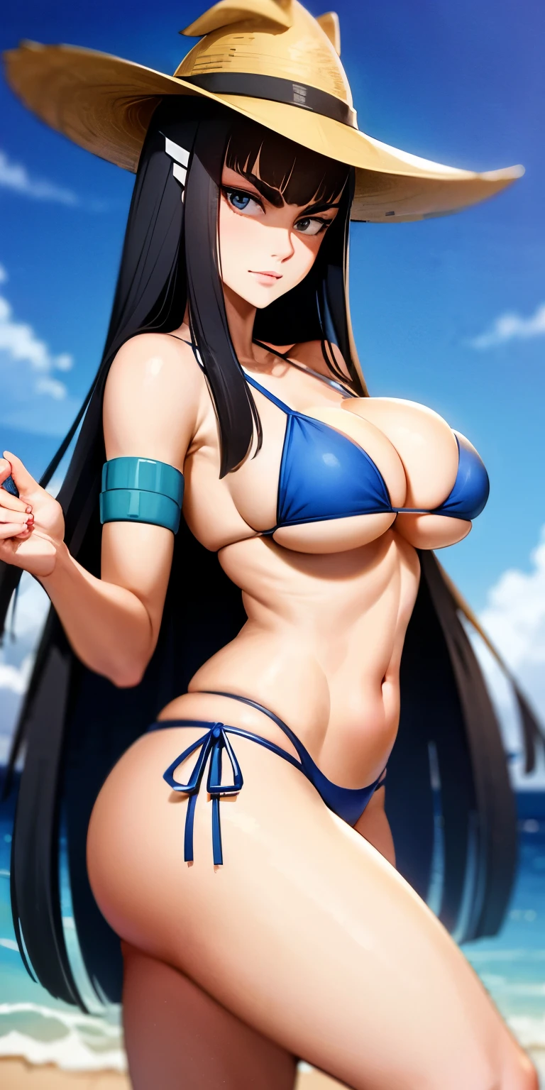 Satsuki Kiryuin en bikini y sombrero sentada en una mesa con comida., elegant bikini, bikini con tirantes, bikini blanco, con sombrero, con sombrero de paja, rutina de bikini, cautivador y tentador, dama seductora, hermosa modelo de bikini, chica sexy, wearing a bikini blanco, hermosa mujer, lindo bikini, blue bikini, medio rosa, ekaterina, hermosa dama