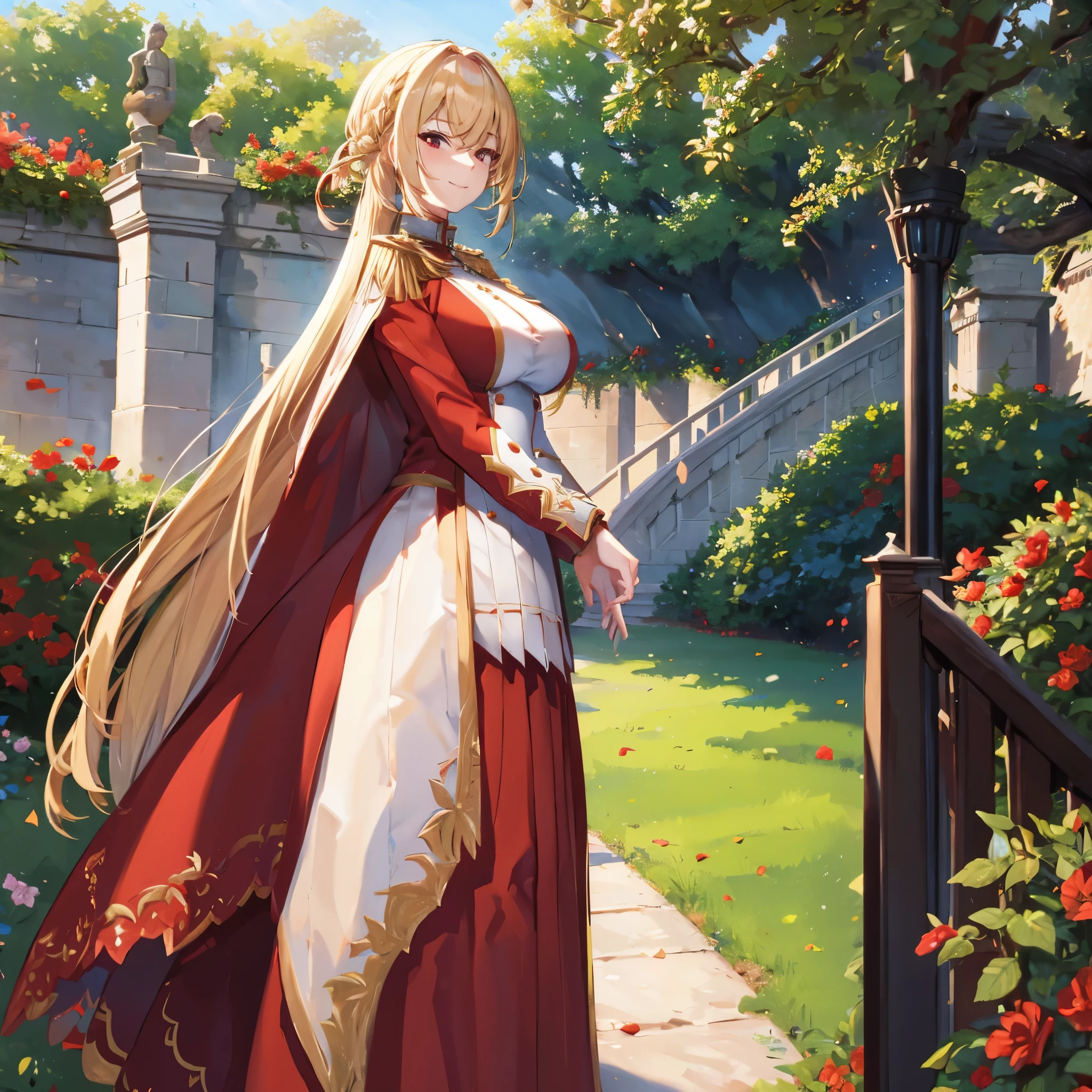 a woman wearing a red military dress with white details, with golden shoulder pads, blonde hair, red eyes, smiling, outside a large medieval castle, in a very personalized garden,ultra detailed, ultra resolution, masterpiece, 4k HD, HDR.