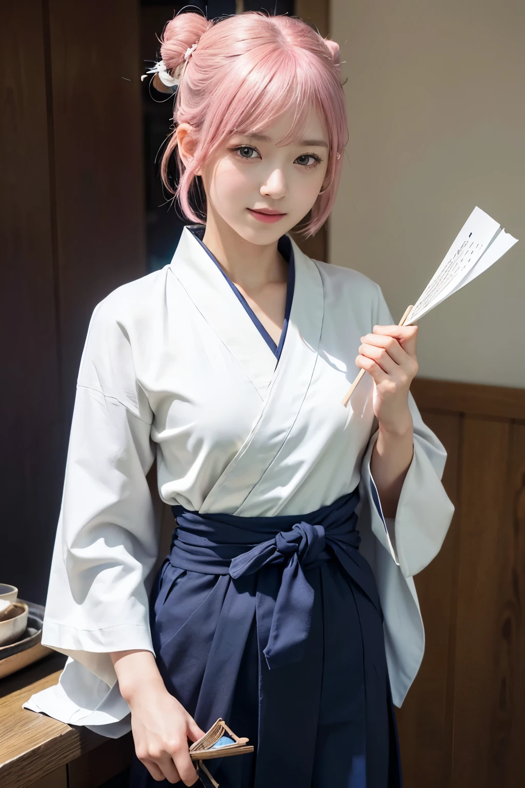 (8K, highest quality, masterpiece:1,2), (realistic, Photoreal:1.37), Super detailed, one girl,), (very detailed), (detailed and beautiful eyes), (highest qualityの), (Super detailed ), (masterpiece), (detailed face),20-year-old, ,1 girl, ((pink hair,very short hair)), medium breasts, dressed, perfect lighting, break (navy blue haori:1.3), (white collar:1.2), (three quarter sleeves:1.2), (white kimono:1.4), (nature motif pattern:1.2), (navy blue hakama:1.3), (Ankle length:1.2), (The hem is not too wide either、:1.2), (white obi:1.4), (simple knot:1.2), (white foot bag:1.2), (Black geta:1.2), (low height:1.2), (Easy to walk:1.2), (bun hair:1.2), (hair ornaments:1.2), (flowers and pieces of paper:1.2), break bun hair, flowers and pieces of paper hair ornaments, smile, friendly, looking at camera, hold soba with right hand, Holding chopsticks with left hand, Please do not put soup on the soba., In front of the soba shop counter, Wall with menu and photos, Natural light, Adding soft shadows to the face