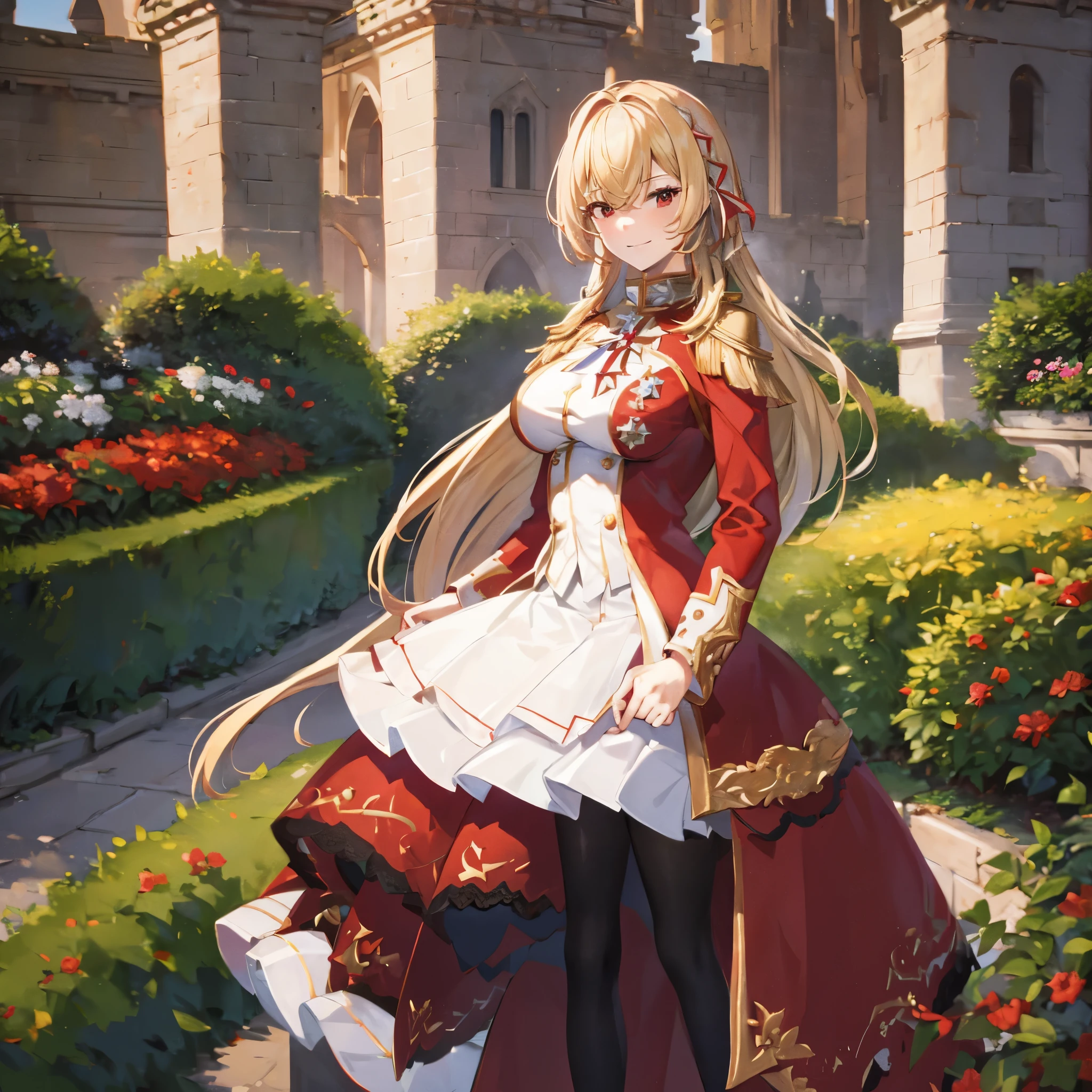 a woman wearing a red military dress with white details, with golden shoulder pads, blonde hair, red eyes, smiling, outside a large medieval castle, in a very personalized garden,ultra detailed, ultra resolution, masterpiece, 4k HD, HDR.