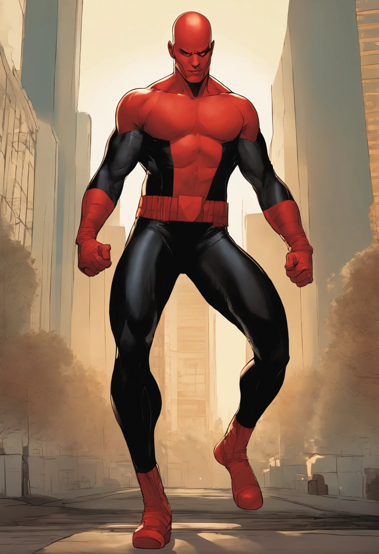 A character with full-body red body paint, wearing black tanktop, bald head, lean body, Marvel Comic style, vibrant colour