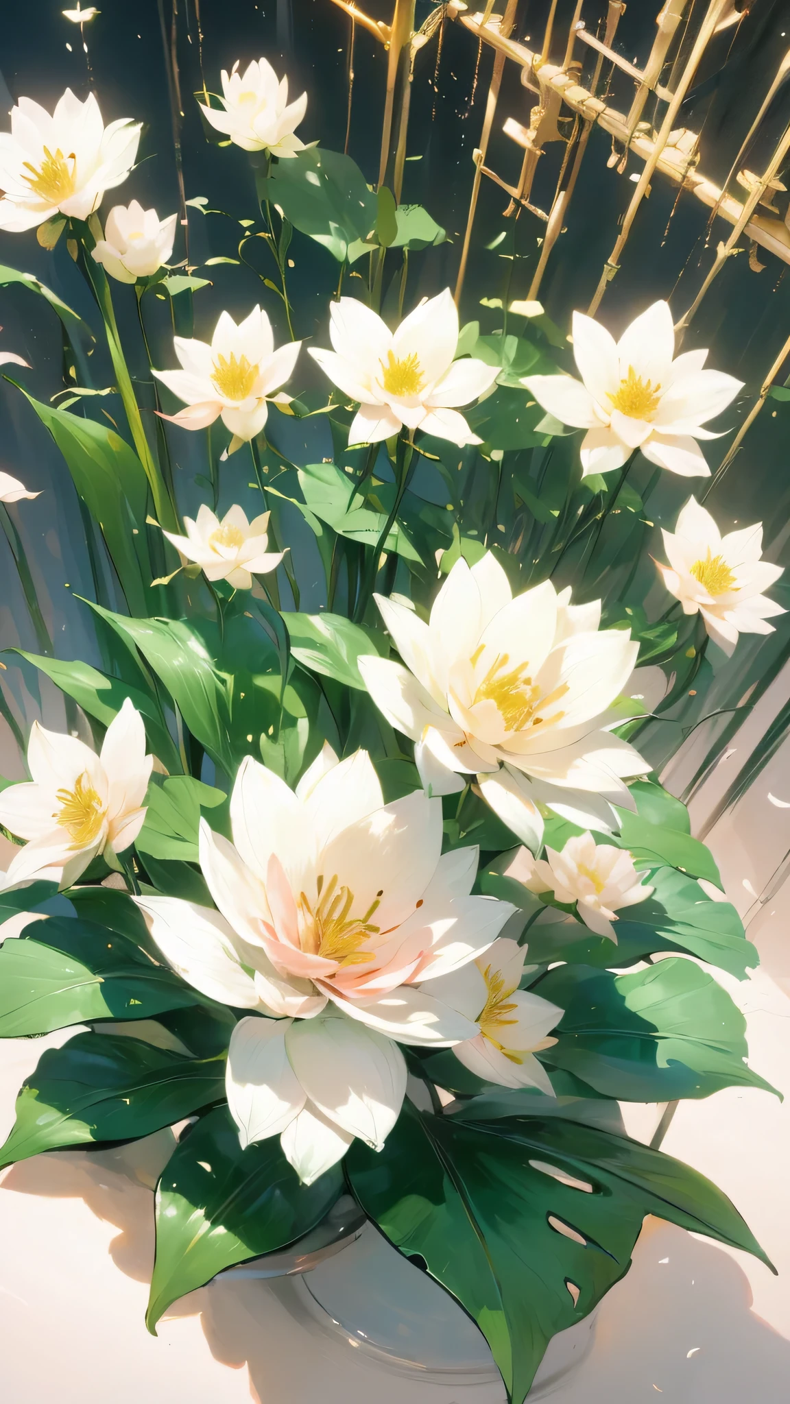 flowers, foliage, lily_\ (flowers\), plant, potted plant, palm trees, white flowers, branch, pink flowers, lotus flowers, bamboo, valley lily, trees, floral background, non-human, daisy