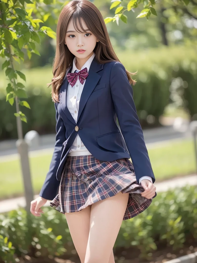 (masterpiece, highest quality:1.4), award-winning portraits, 8K, 85mm, alone, beautiful face, delicate girl, , (dark navy blazer jacket), dark navy skirt, long sleeve, violaces, gardenia, grace, Sophisticated, cute, teen, looking at the viewer, , Raw photo, disorganized, HDR, sharp focus, A bow tie, background bokeh、(((flat 、thin and delicate body、A childish atmosphere)))、Her shiny semi-long hair is tied up、hair swaying in the wind、Mole on the left cheek、large, round, dark blue eyes、full body、random pose、Run、sprinting、Skirt fluttering in the wind、Junior idol、Nogizaka Idol、widening skirt、jump、mole under eye、sexy