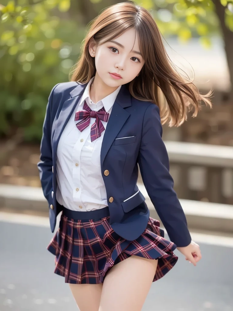 
(masterpiece, highest quality:1.4), award-winning portraits, 8K, 85mm, alone, beautiful face, delicate girl, , (dark navy blazer jacket), dark navy skirt, long sleeve, violaces, gardenia, grace, Sophisticated, cute, teen, looking at the viewer, , Raw photo, disorganized, HDR, sharp focus, A bow tie, background bokeh、(((flat 、thin and delicate body、A childish atmosphere)))、Her shiny semi-long hair is tied up、hair swaying in the wind、Mole on the left cheek、large, round, dark blue eyes、full body、random pose、Run、sprinting、Skirt fluttering in the wind、Junior idol、Nogizaka Idol、widening skirt、jump、mole under eye、sexy