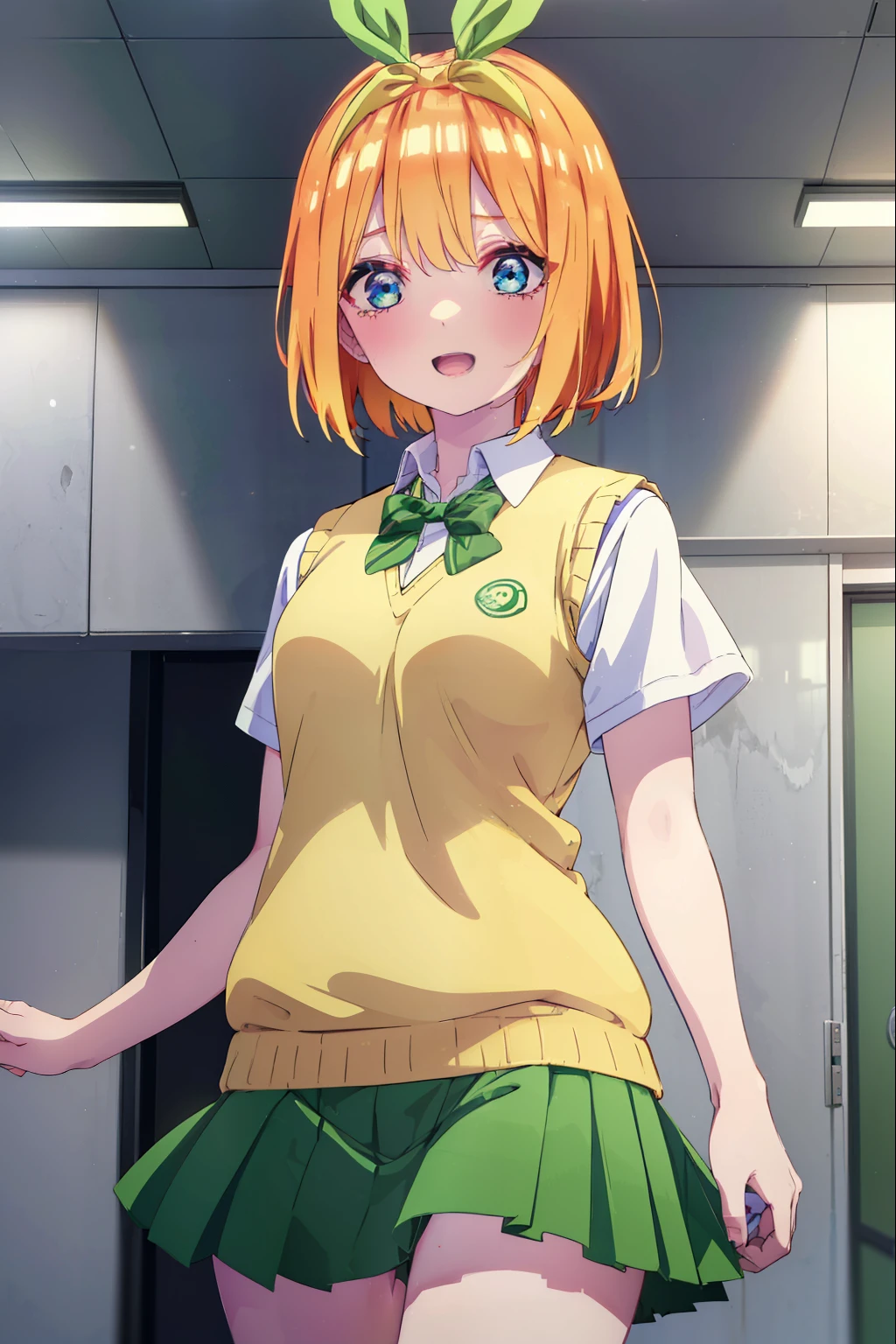 yotsubanakano, yotsuba nakano, bangs, short hair, blue eyes, hair between eyes, hair ribbon, hair band, orange hair, (green ribbon:1.5), smile,tears run down her face,Crying with joy,blush,smile,
Mikan Yuki skirt, shirt, bow, ribbon, , white shirt, short sleeve, pleated skirt, shoes, shoes下, collared shirt, mini skirt, bowtie, black footwear, knee high, green skirt, black shoes下, loafers, green bow, sweater vest, green ribbon, (yellow sweater vest:1.5),
break indoors, classroom,
break looking at viewer, (cowboy shot:1.5),
break (masterpiece:1.2), highest quality, High resolution, unity 8k wallpaper, (figure:0.8), (detailed and beautiful eyes:1.6), highly detailed face, perfect lighting, Very detailed CG, (perfect hands, perfect anatomy),