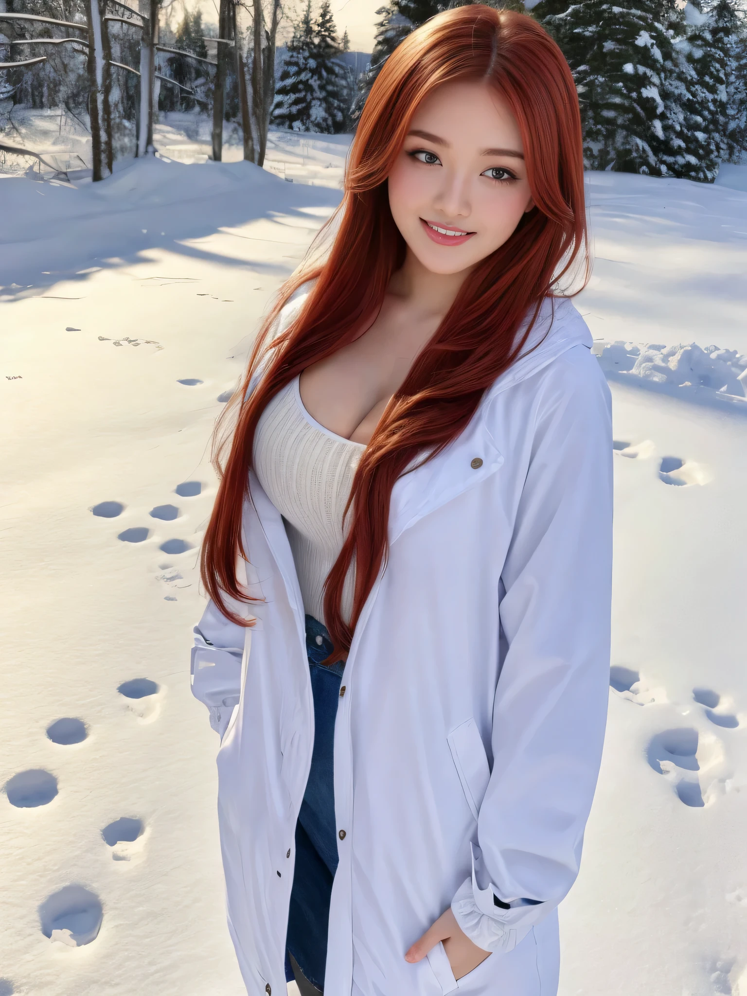 (masterpiece:1.2,highest quality),Photographed with an ultra-wide-angle lens,blur the background, Snowing background,1 High school girl,emphasizes the chest,(medium breasts),Cute ,red hair,detailed and beautiful eyes,blushing face,healthy skin,looking at the viewer,smile,(resort scenery),8K resolution, seductive V neck raincoat
