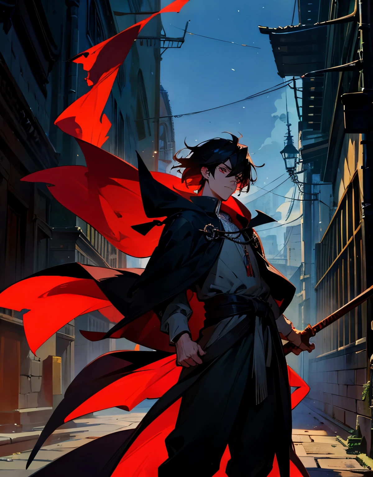 anime 23 years old boy, handsome, black hair, shiny red eyes, black tattered cloak, head to waist, straight shot, standing, a red cute little fox on shoulder, medieval street background, ultra detailed 