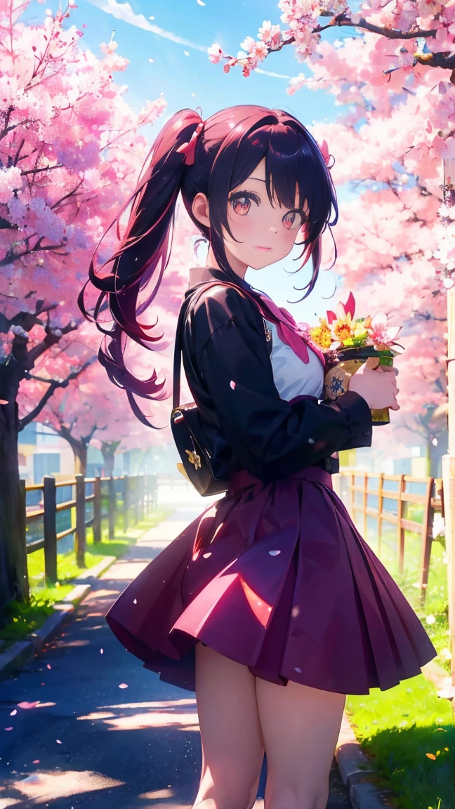 1 anime girl, alone,Black petals flutter, A mysteriously shining butterfly.city,bright pink hair,red gem eyes,long twin tails,thin legs,very clear,highest quality,辺り一面のcherry blossoms,都city,cherry blossoms,cherry blossomsミク,beautiful morning,Asahi,close up face,Sunny,cherry blossomsを見上げる,slope