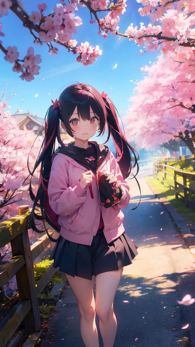 1 anime girl, alone,Black petals flutter, A mysteriously shining butterfly.city,bright pink hair,red gem eyes,long twin tails,thin legs,very clear,highest quality,辺り一面のcherry blossoms,都city,cherry blossoms,cherry blossomsミク,beautiful morning,Asahi,close up face,Sunny,cherry blossomsを見上げる,slope