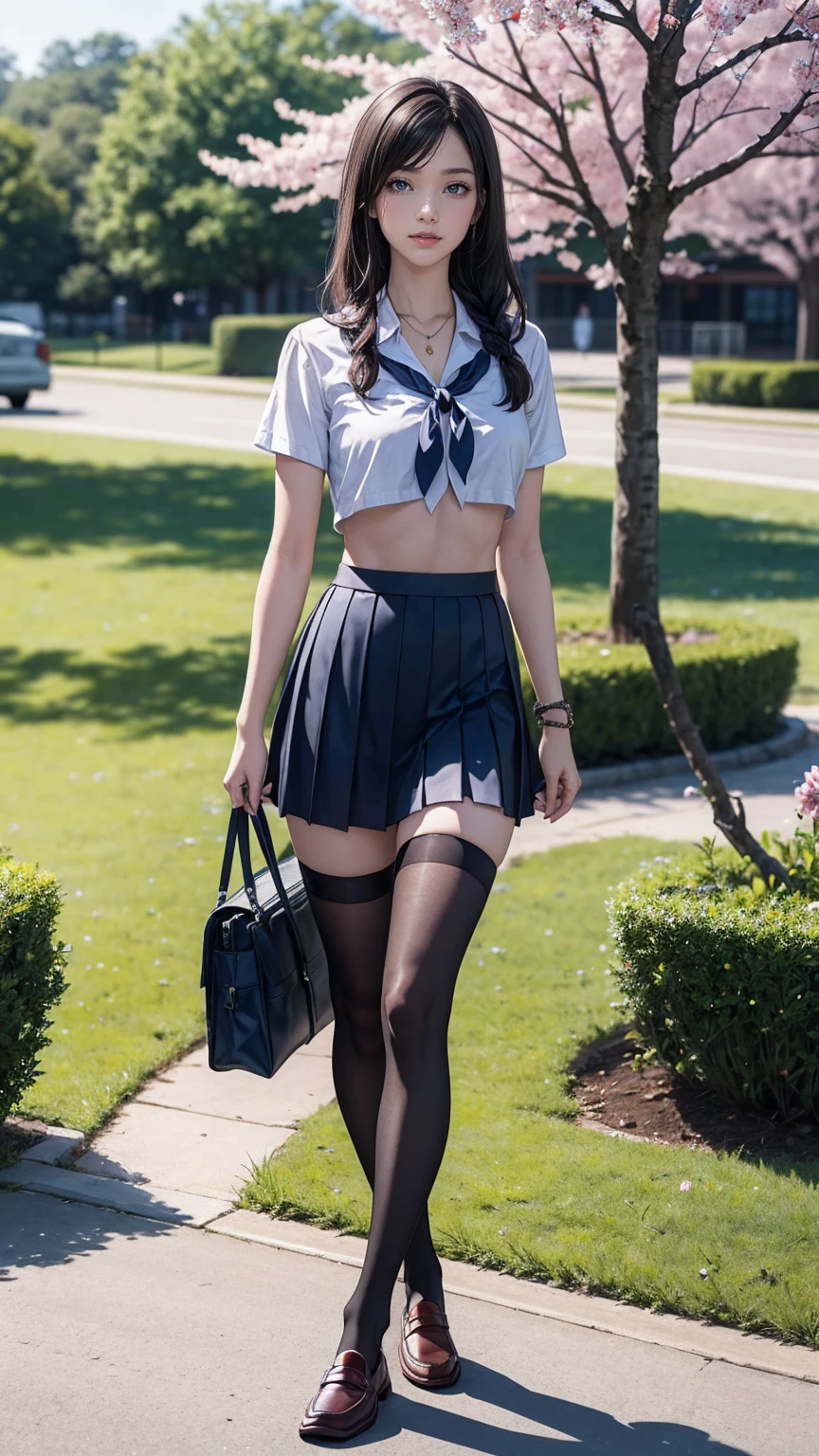 (8K, RAW photo, highest quality, masterpiece:1.2), (realistic, photo-realistic:1.37)、26 year old white woman、hair is black、Eye color is indigo、long hair、I braid it lightly、Slender but well-proportioned muscular body、setting hair、I&#39;m punching my chest、accessories on the ankle、smile、I&#39;m wearing a hair band、wearing a tie front shirt、My abs are cracked、I can see my bellybutton、She is wearing a dark blue low-rise micro-mini length pleated skirt.、wearing stockings、白い靴下wear、loafers((loafer))wear、Have a student bag、I&#39;m on the row of cherry blossom trees I planted at school.、Cherry blossoms are in full bloom、smile、Entrance ceremony