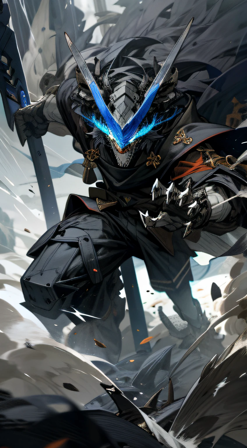 White and Black mechs, dragon helmet, Claw weapons, giant claw, attack, blue, navy, extremely high detail, Black, beast, animal, myth, dark, knight, crush, 4 legs,